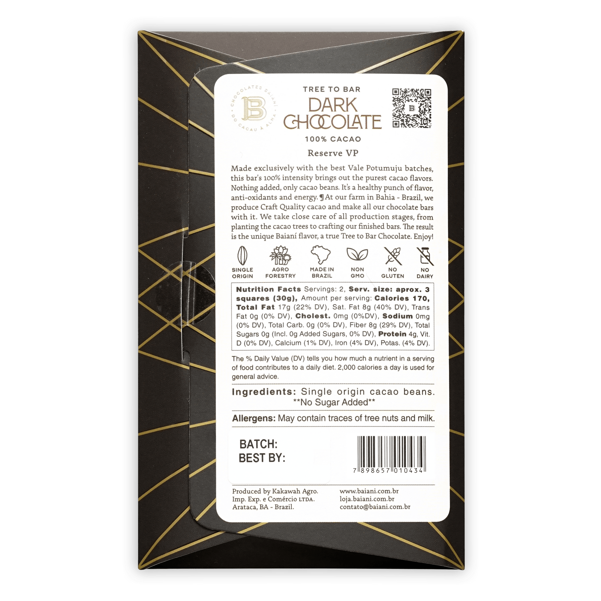 Baiani Dark Bahia 100% black and gold geometric chocolate wrapper