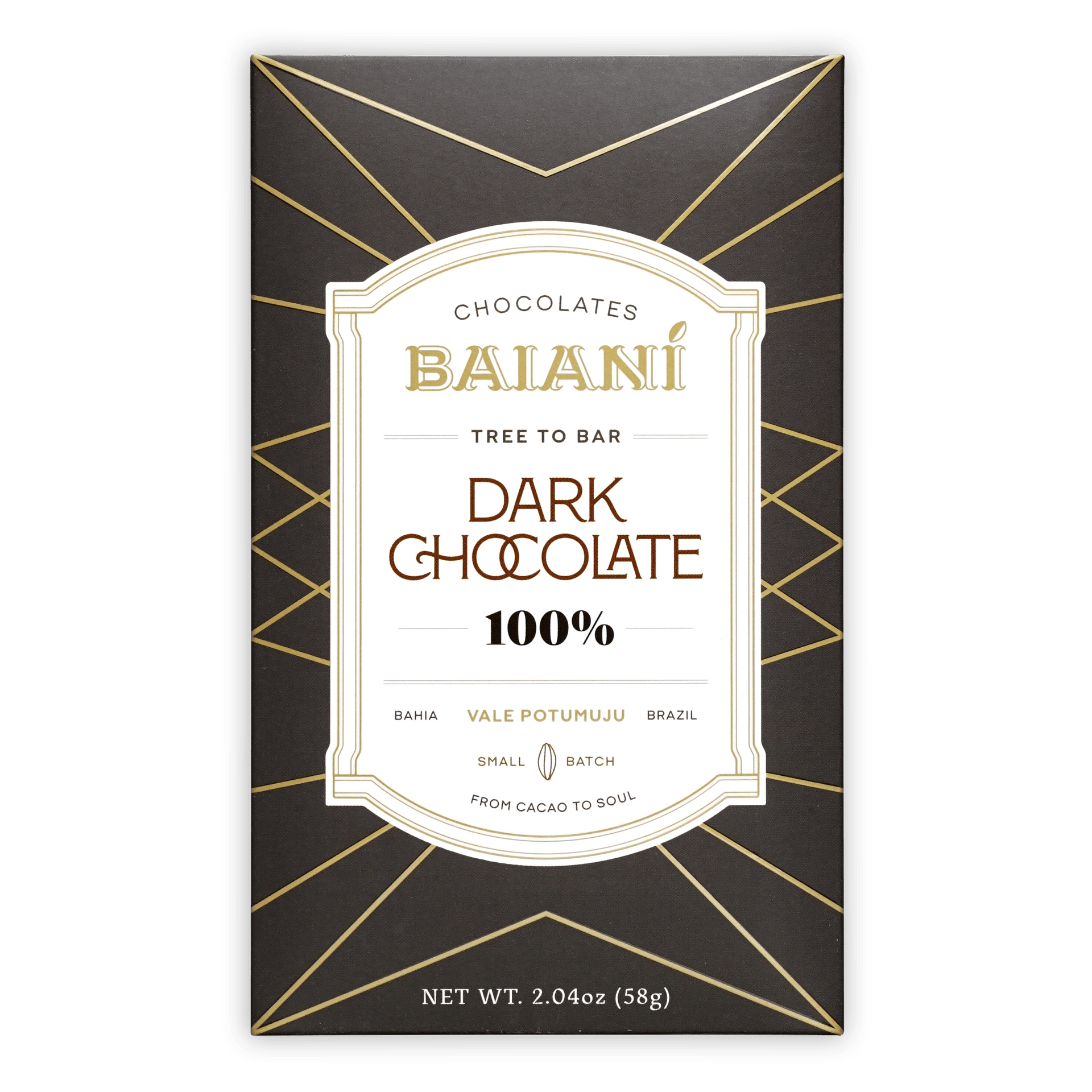 Baiani Dark Bahia 100% dark chocolate bar in black gold wrapper