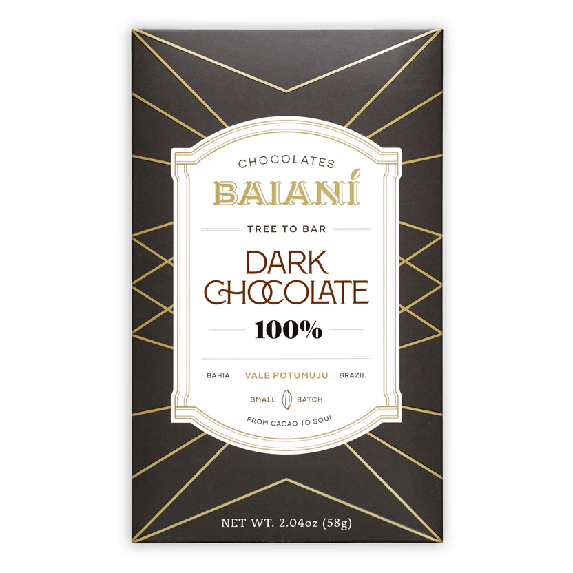 Baiani Dark Bahia 100% dark chocolate bar in black gold wrapper