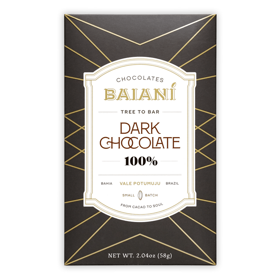 Baiani Dark Bahia 100% dark chocolate bar in black gold wrapper