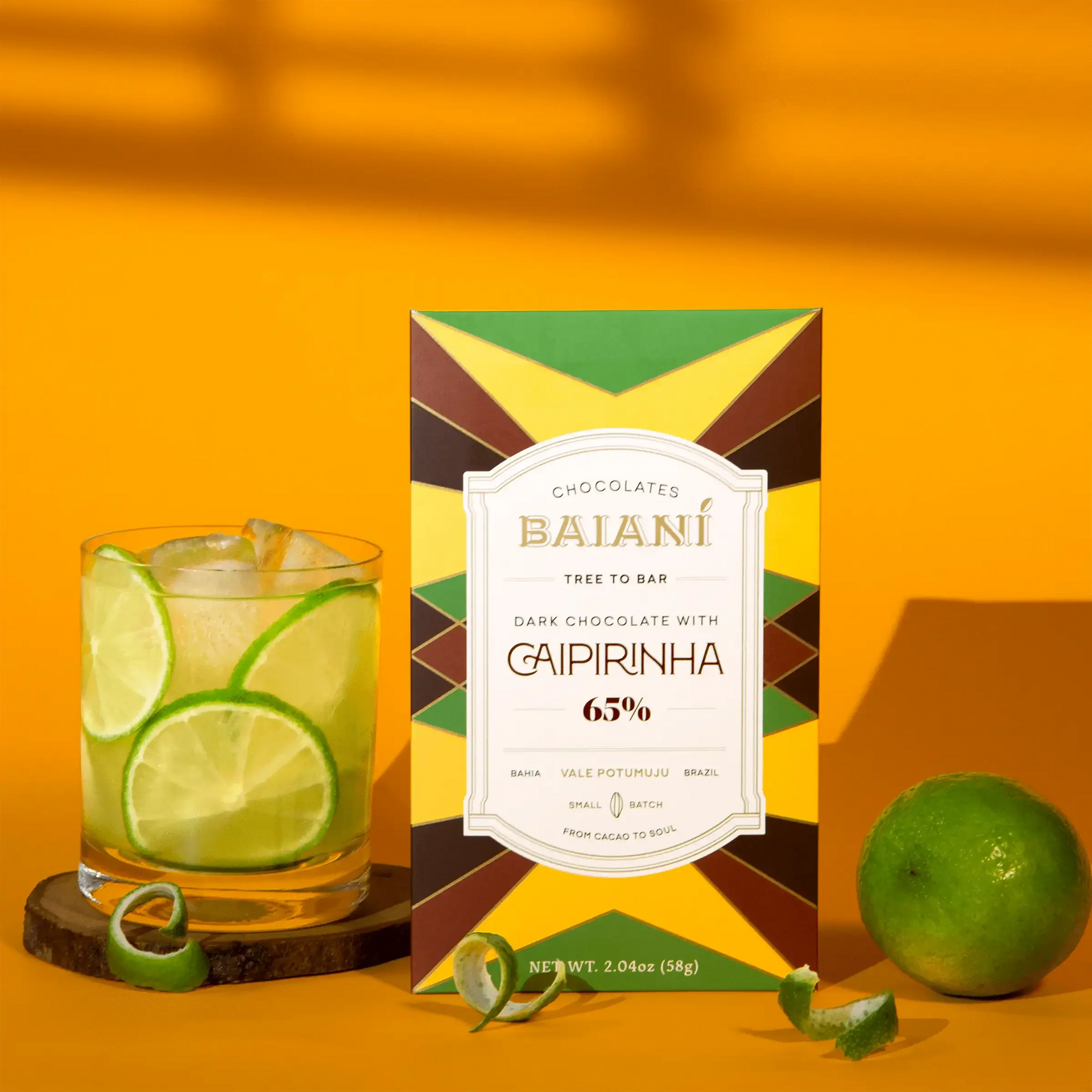 Baiani Dark w/ Caipirinha 65% chocolate bar wrapper, vibrant geometric pattern