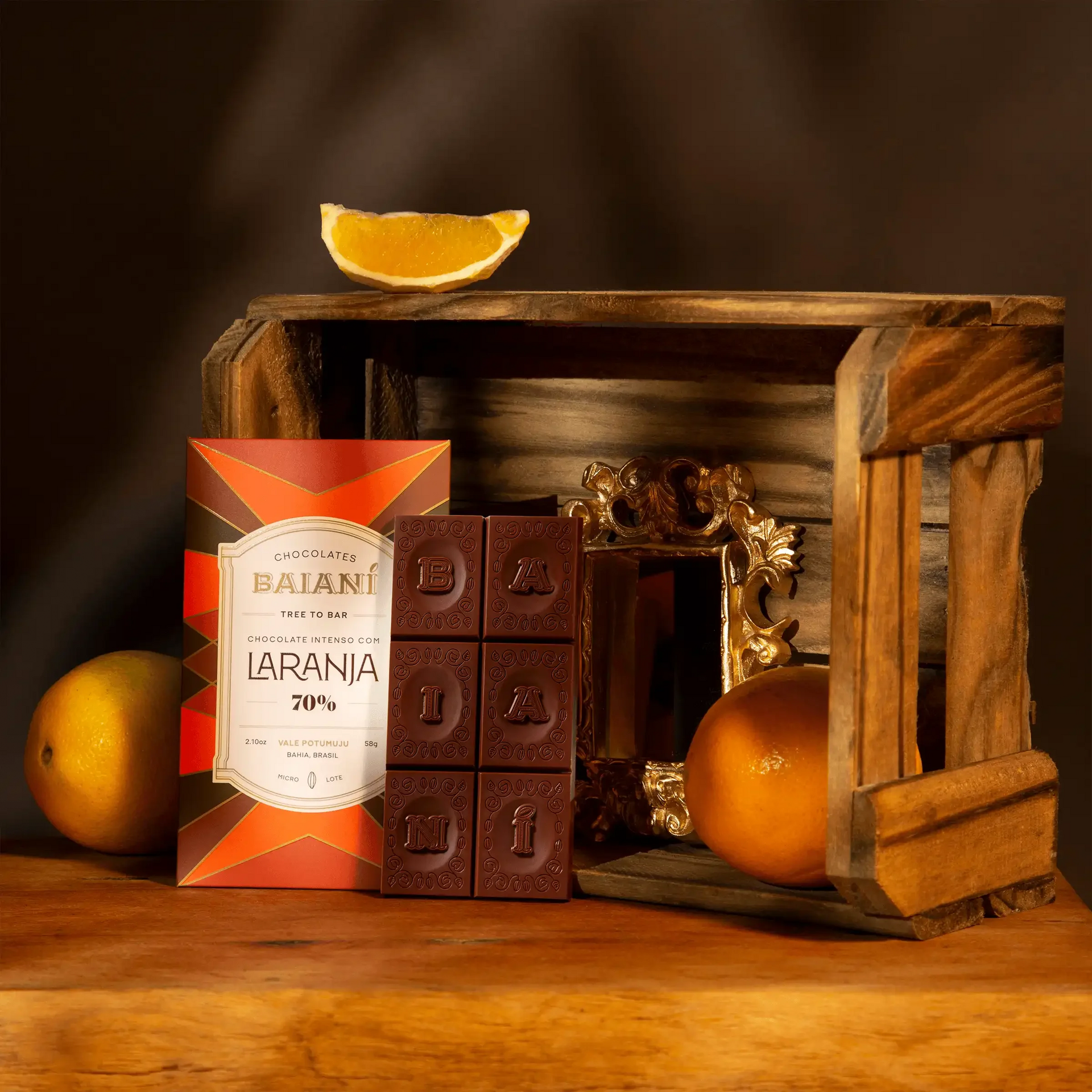 Baiani dark chocolate bar with orange zest 70% and glossy embossed lettering