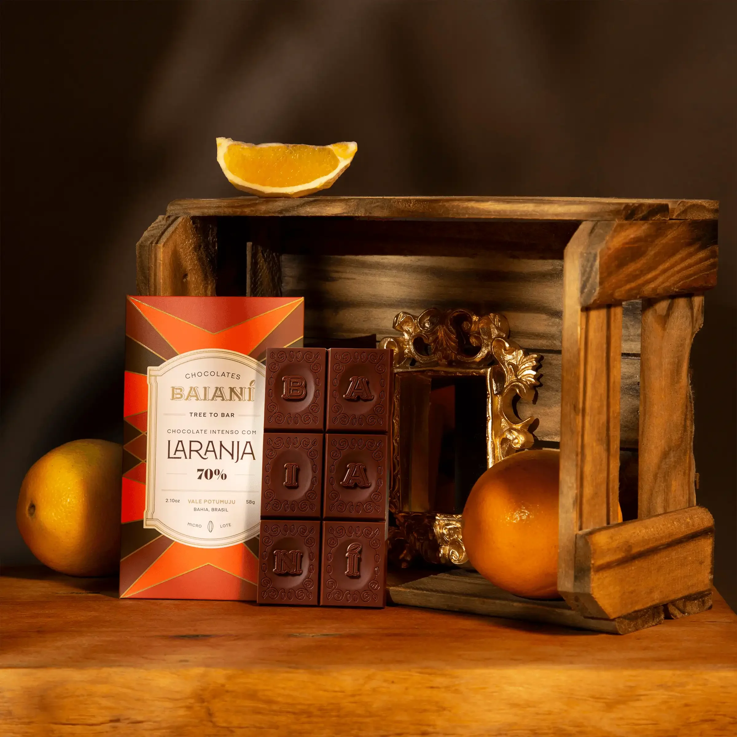Baiani dark chocolate bar with orange zest 70% and glossy embossed lettering