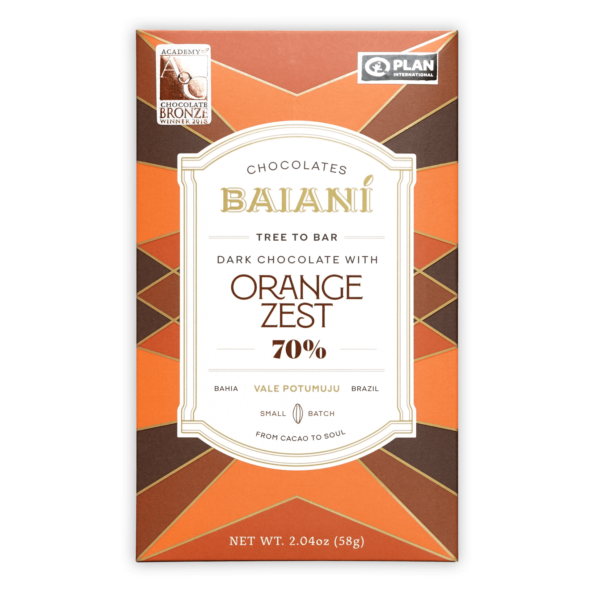 Baiani dark chocolate bar with orange zest, 70% cacao