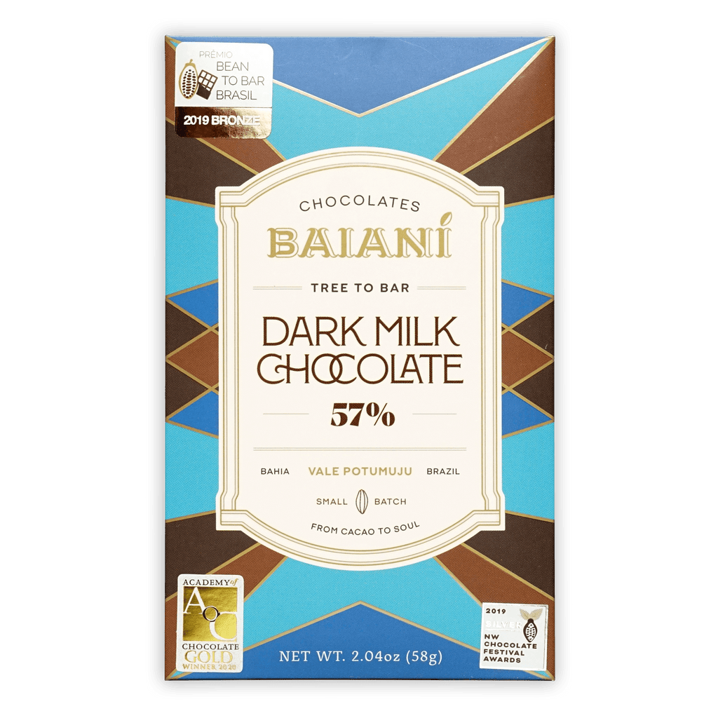 Baiani Dark Milk 57% cacao bar in blue-brown geometric box
