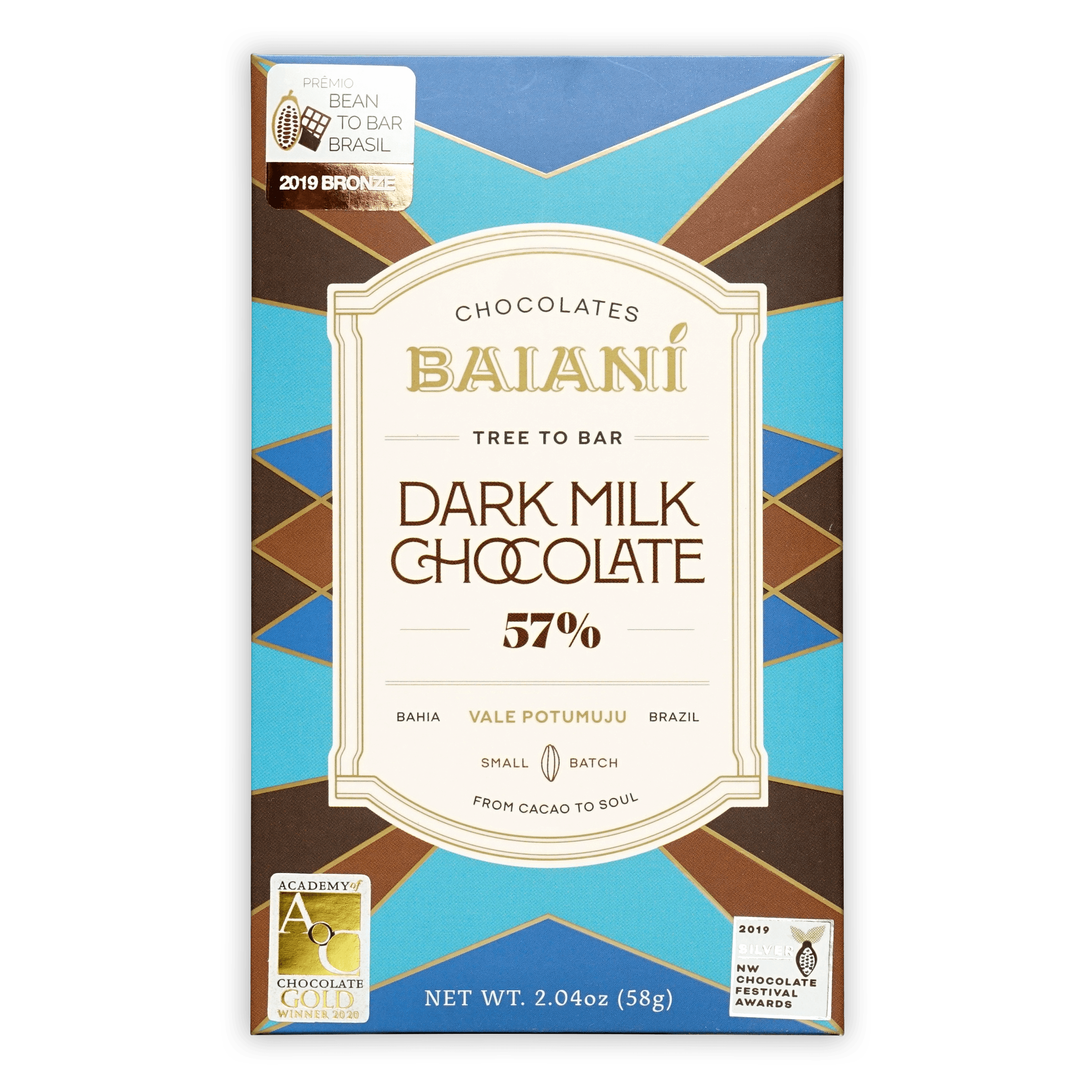 Baiani Dark Milk 57% cacao bar in blue-brown geometric box