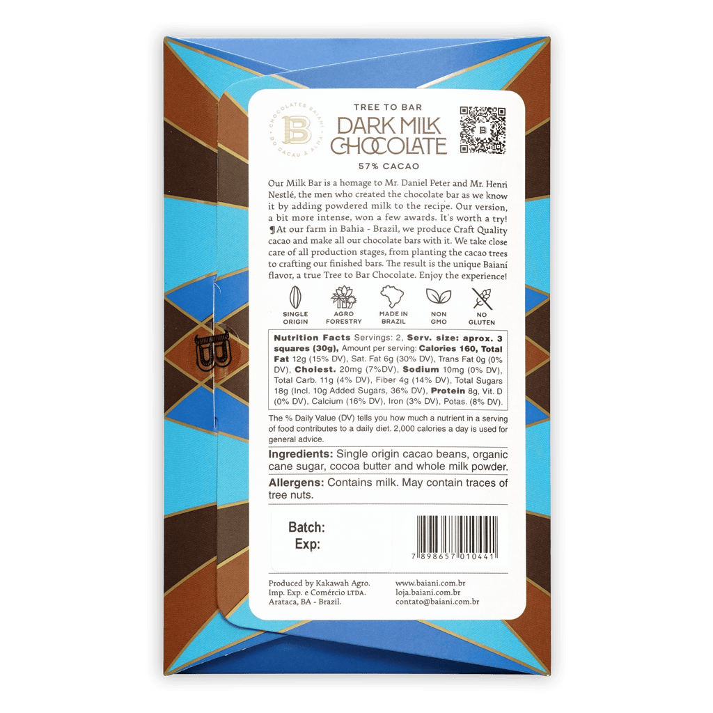 Baiani Dark Milk 57% bar in brown blue geometric wrapper, tree to bar 57% cacao