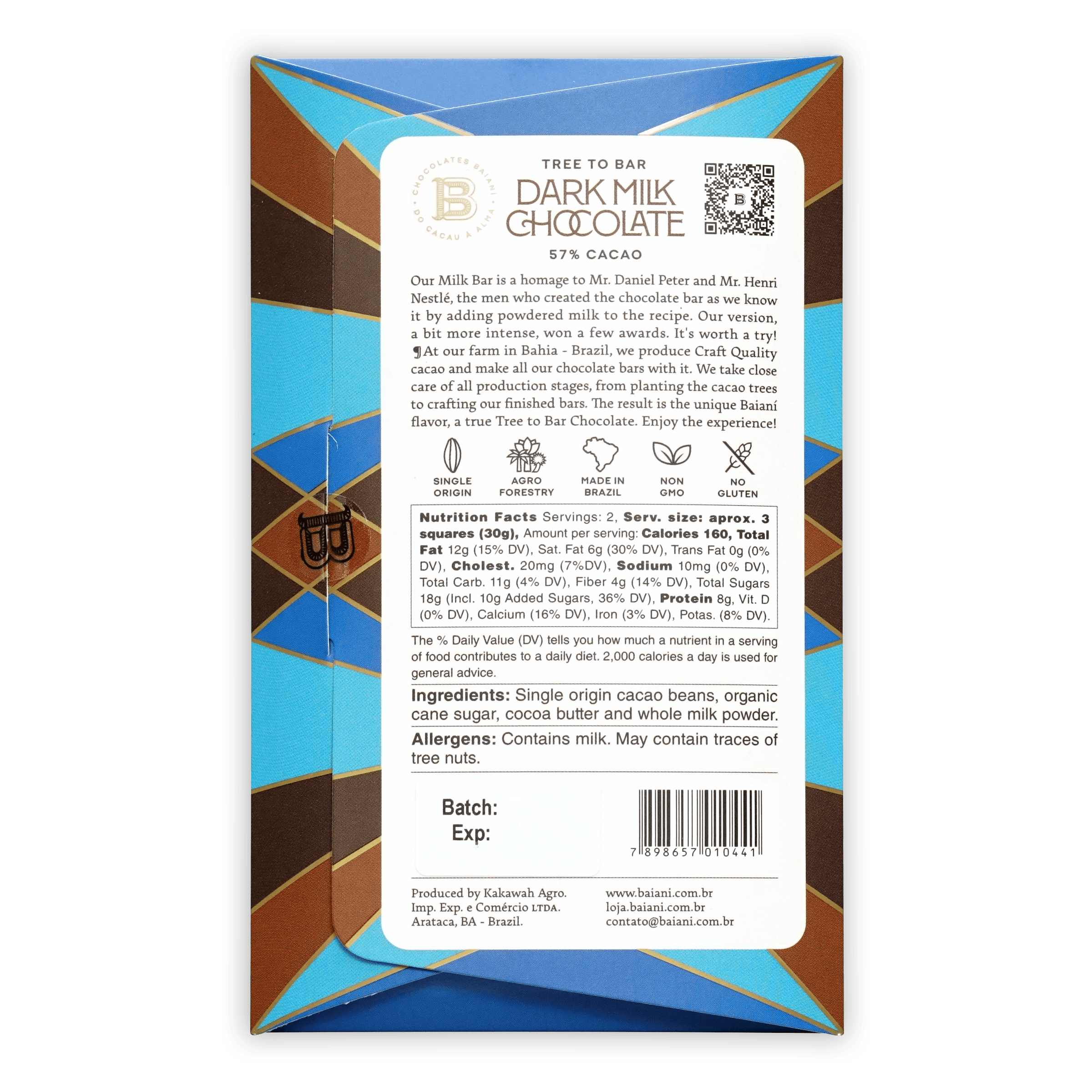 Baiani Dark Milk 57% bar in brown blue geometric wrapper, tree to bar 57% cacao