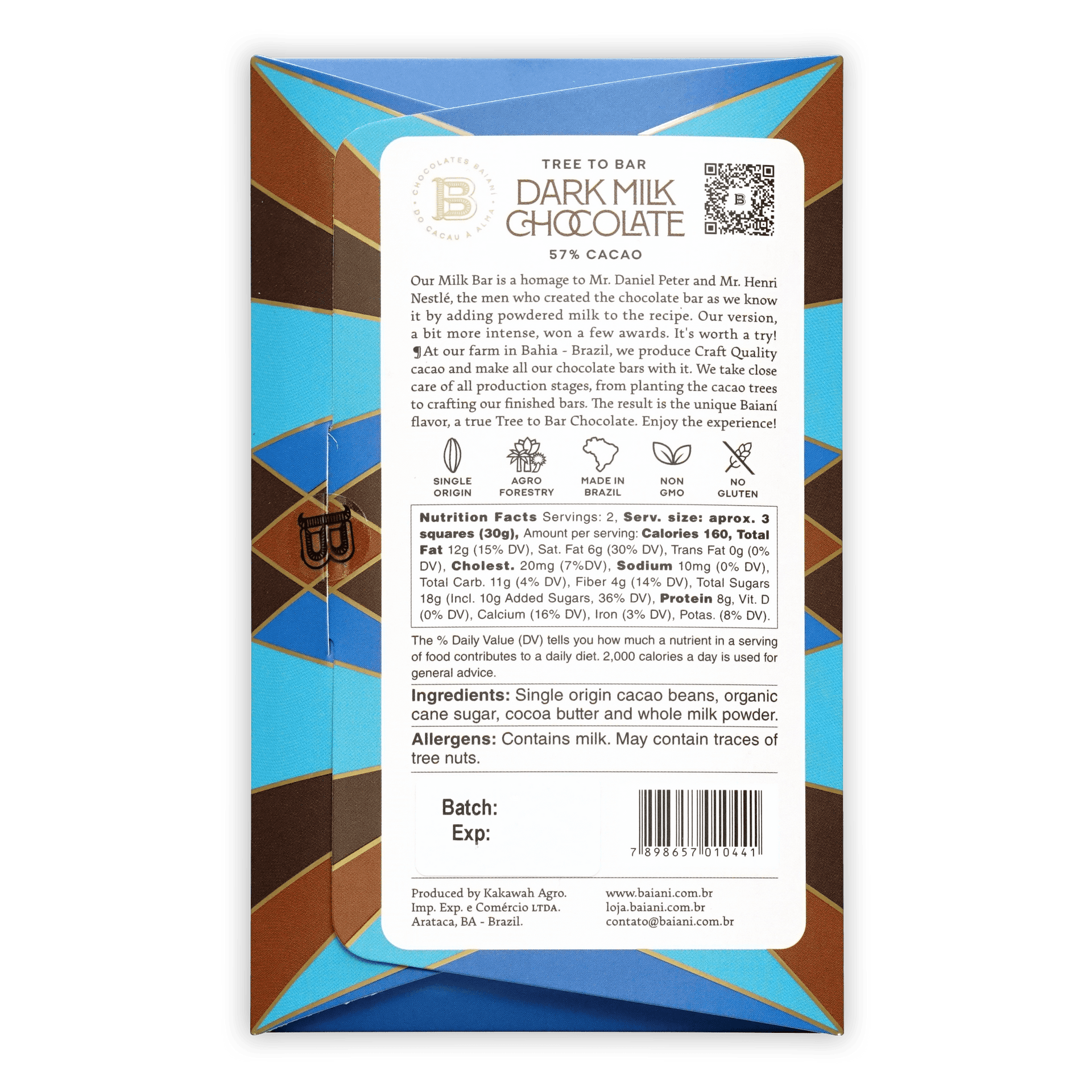 Baiani Dark Milk 57% bar in brown blue geometric wrapper, tree to bar 57% cacao