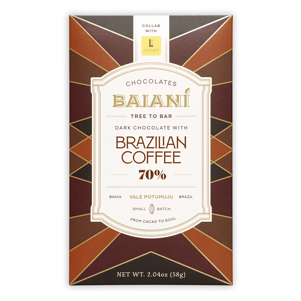 Baiani Dark w/ Brazilian Coffee 70% cacao bar in brown gold wrapper