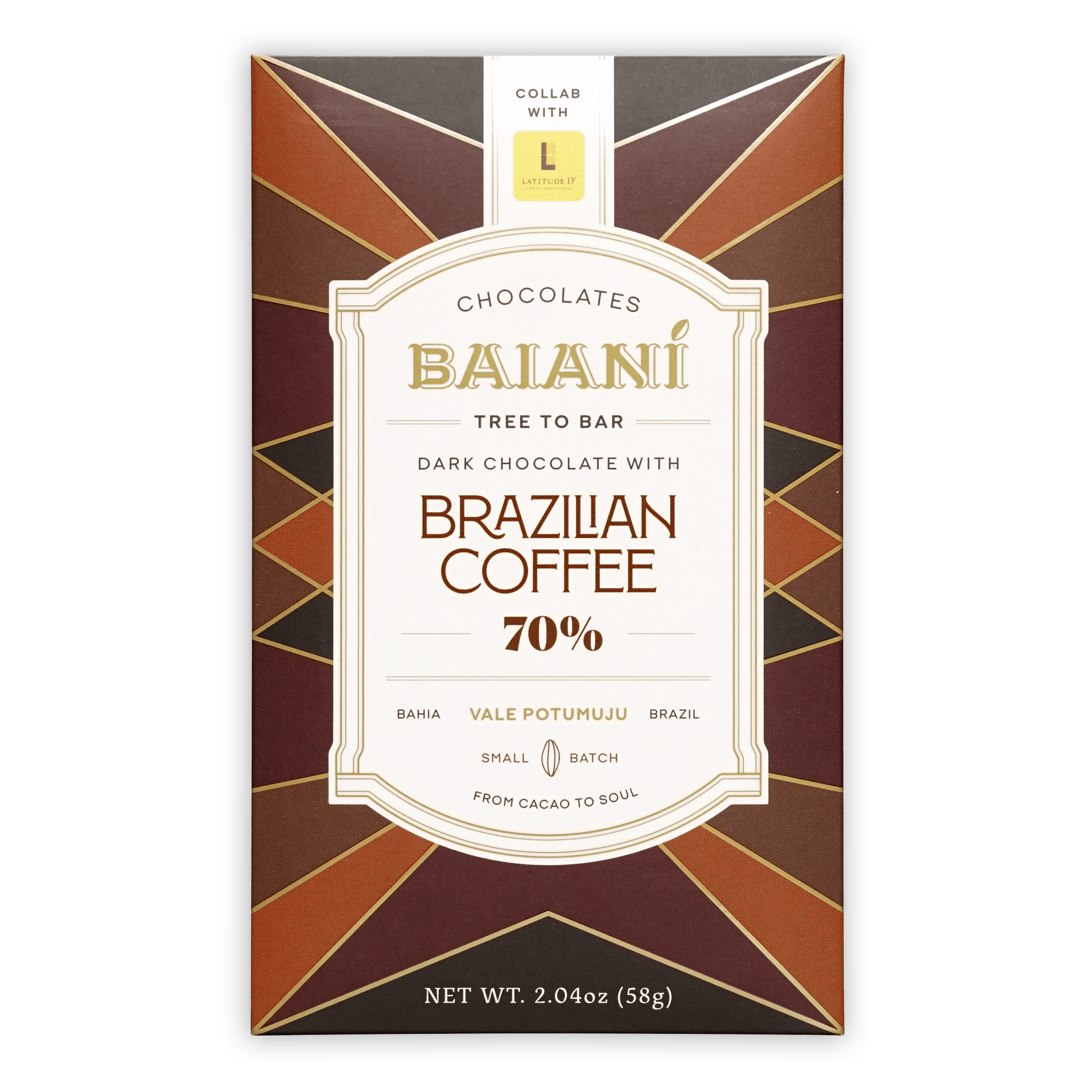 Baiani Dark w/ Brazilian Coffee 70% cacao bar in brown gold wrapper