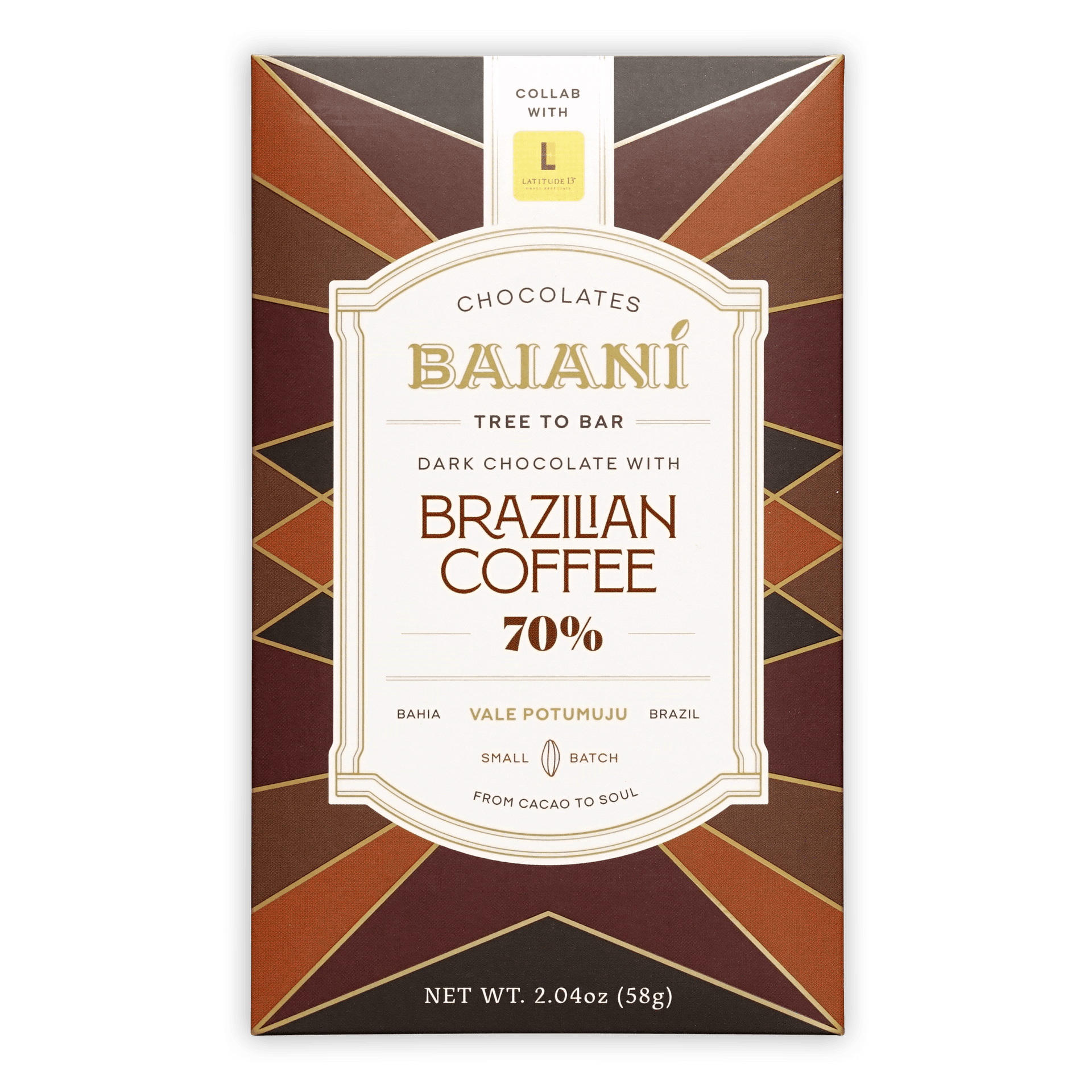 Baiani Dark w/ Brazilian Coffee 70% cacao bar in brown gold wrapper