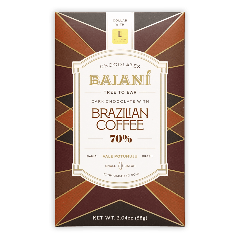 Baiani Dark w/ Brazilian Coffee 70% cacao bar in brown gold wrapper