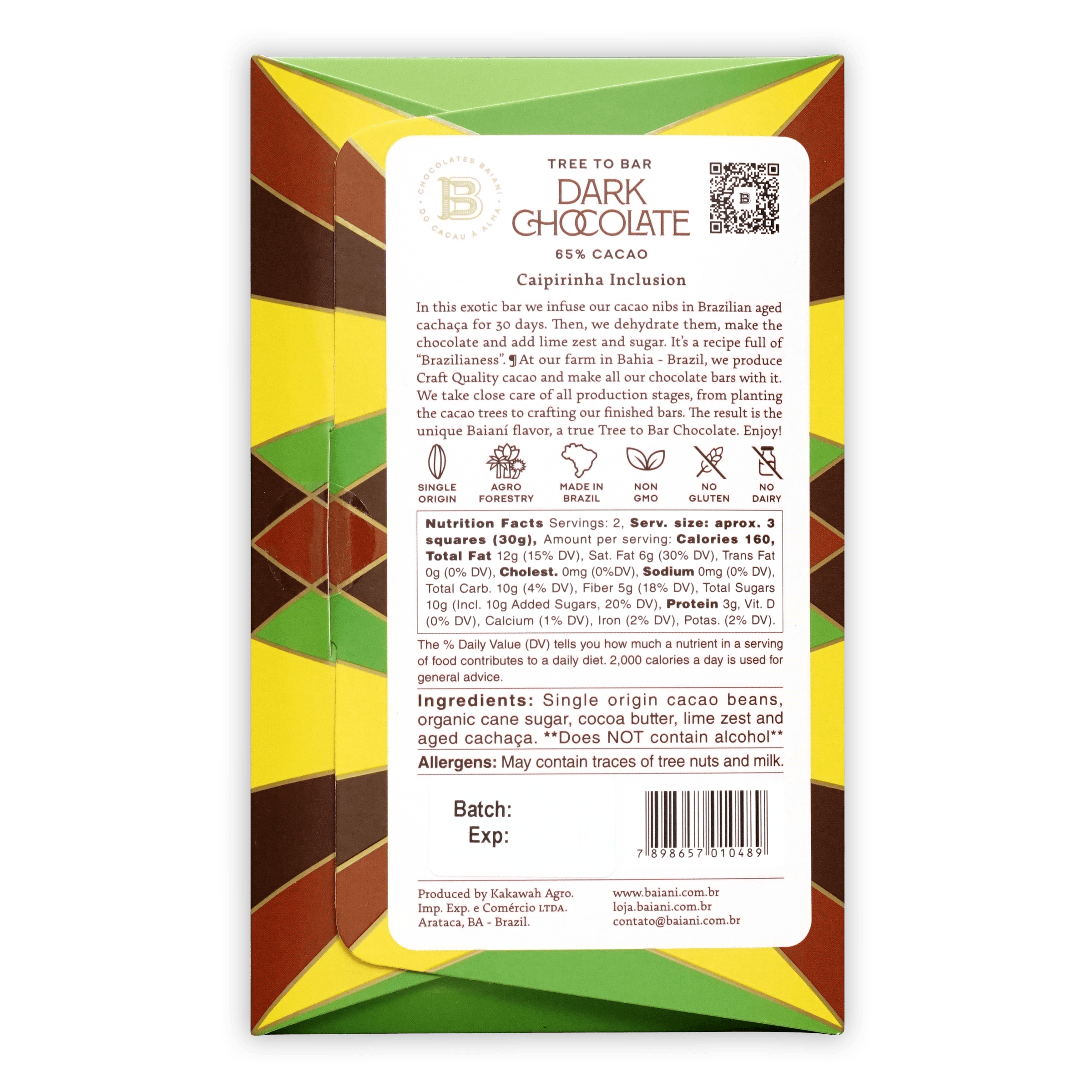 Baiani Dark w/ Caipirinha 65% chocolate bar wrapper with vibrant geometric diamond design