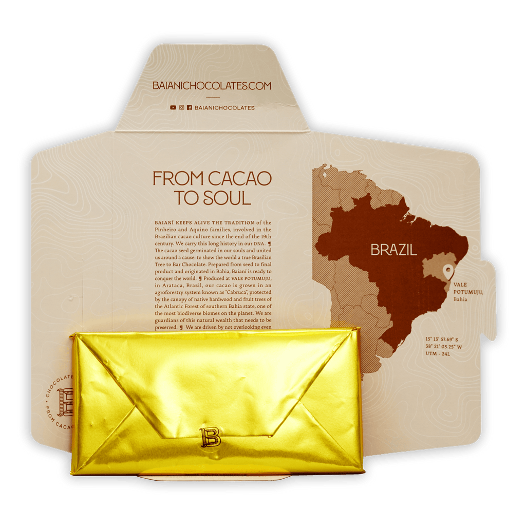 Baiani Dark w/ Caipirinha 65% gold foil chocolate bar in branded envelope