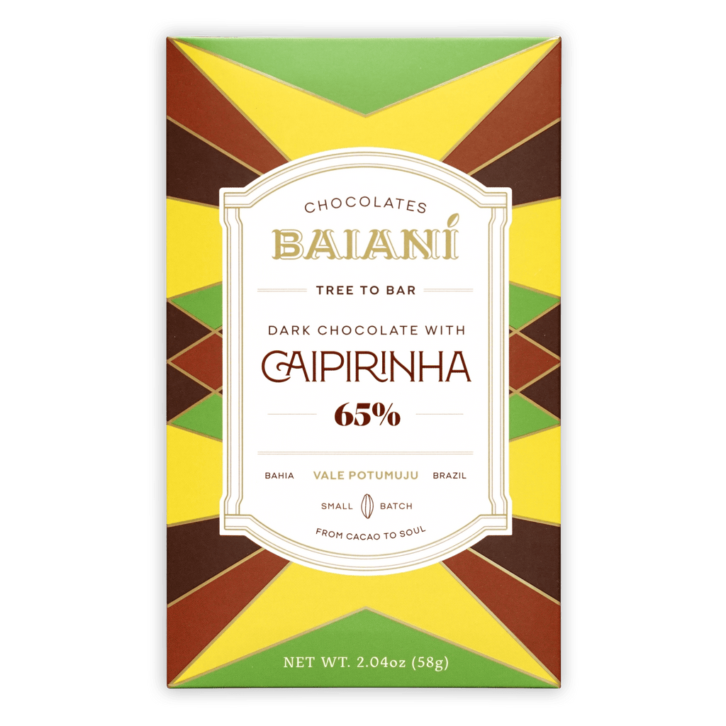 Baiani Dark w/ Caipirinha 65% chocolate bar wrapper with vibrant geometric pattern