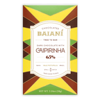 Baiani Dark w/ Caipirinha 65% chocolate bar wrapper with vibrant geometric pattern