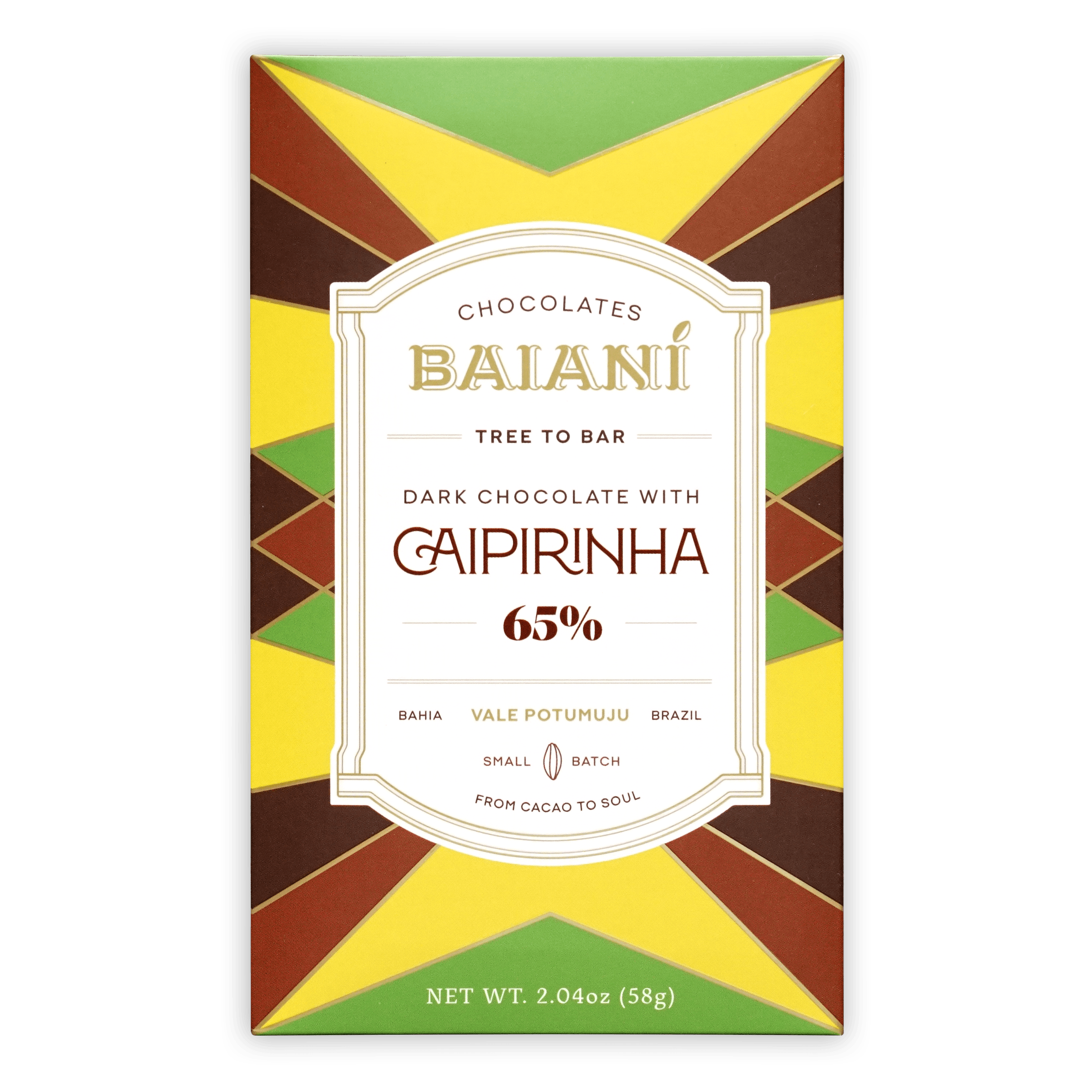 Baiani Dark w/ Caipirinha 65% chocolate bar wrapper with vibrant geometric pattern