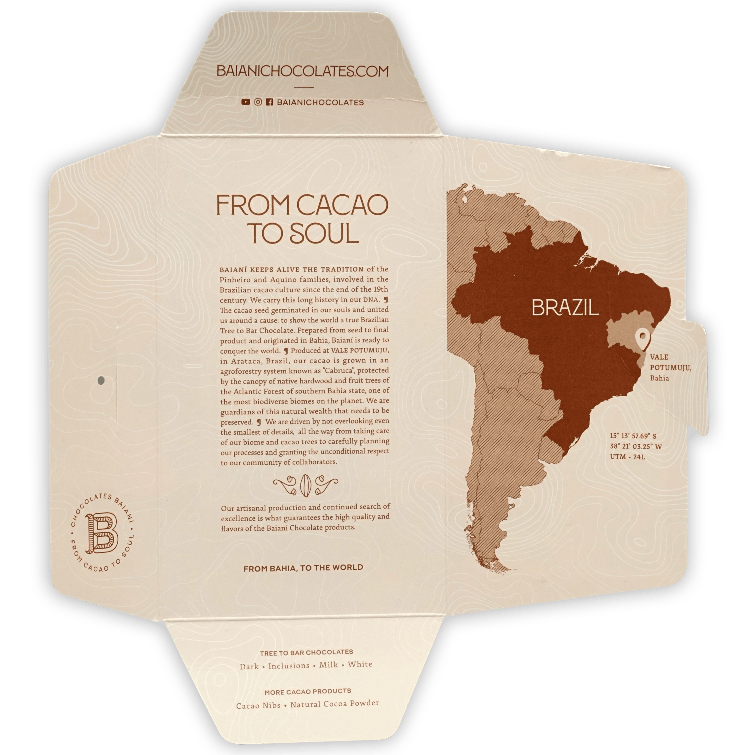 Baiani Dark w/ Caipirinha 65% chocolate bar wrapper with Brazil map highlighting Vale do Ribeira