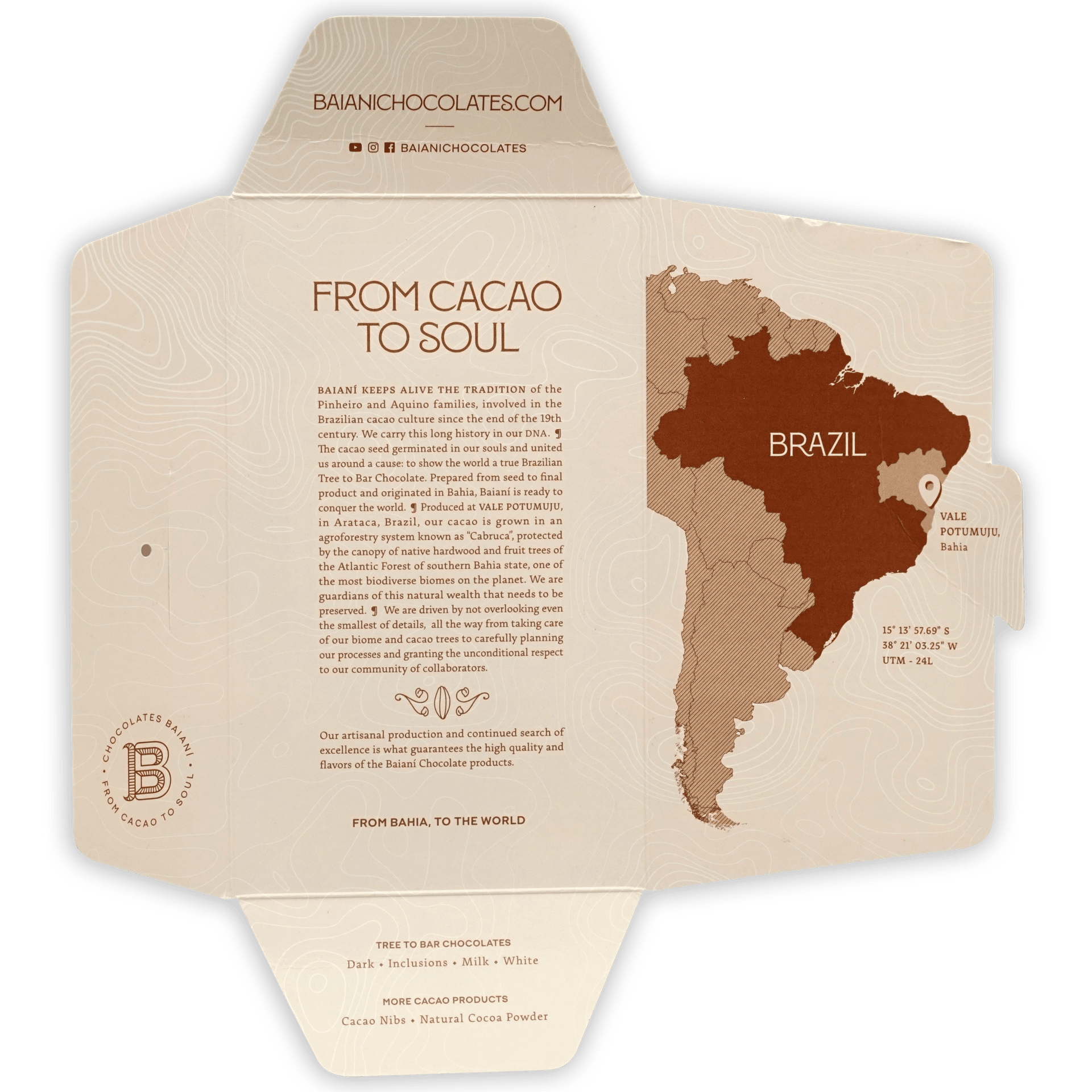 Baiani Dark w/ Caipirinha 65% chocolate bar wrapper with Brazil map highlighting Vale do Ribeira