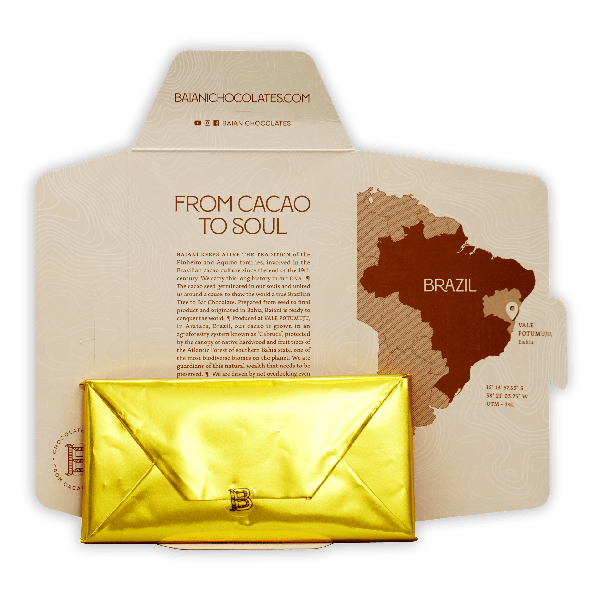 Baiani Dark w/ Caipirinha 65% gold foil chocolate bar in branded envelope