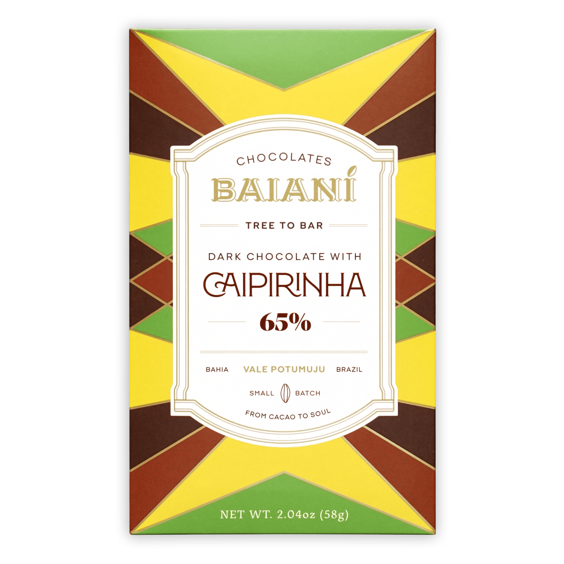 Baiani Dark w/ Caipirinha 65% chocolate bar wrapper with vibrant geometric pattern