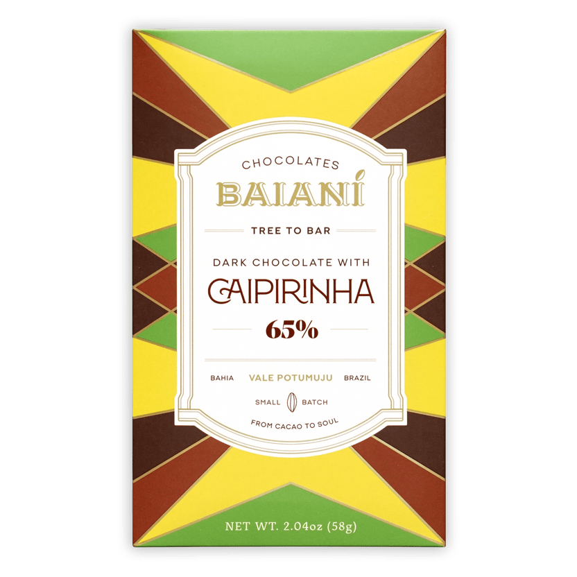 Baiani Dark w/ Caipirinha 65% chocolate bar wrapper with vibrant geometric pattern