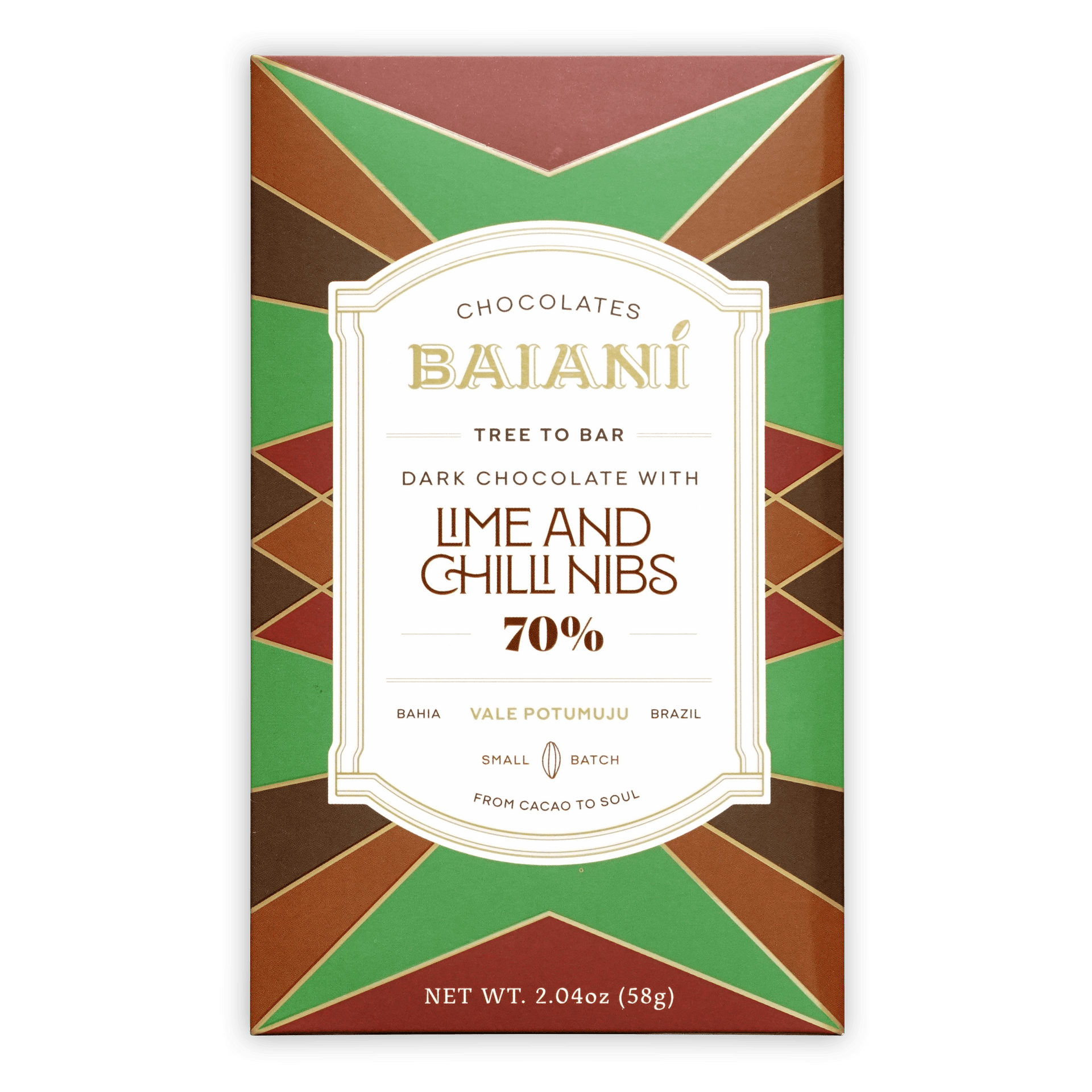 Baiani dark chocolate bar 70 percent with lime and chili nibs in a geometric green brown and red patterned box
