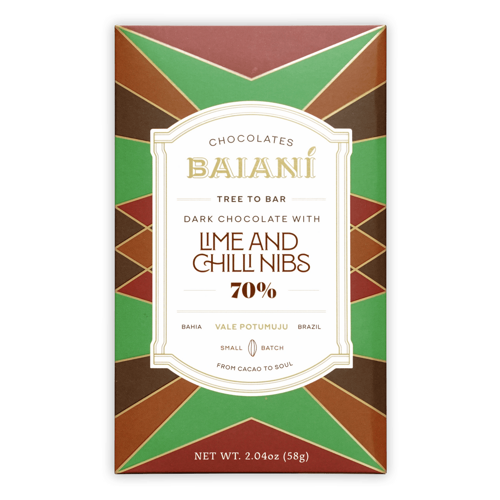 Baiani dark chocolate bar 70 percent with lime and chili nibs in a geometric green brown and red patterned box