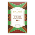 Baiani dark chocolate bar 70 percent with lime and chili nibs in a geometric green brown and red patterned box