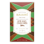 Baiani dark chocolate bar 70 percent with lime and chili nibs in a geometric green brown and red patterned box