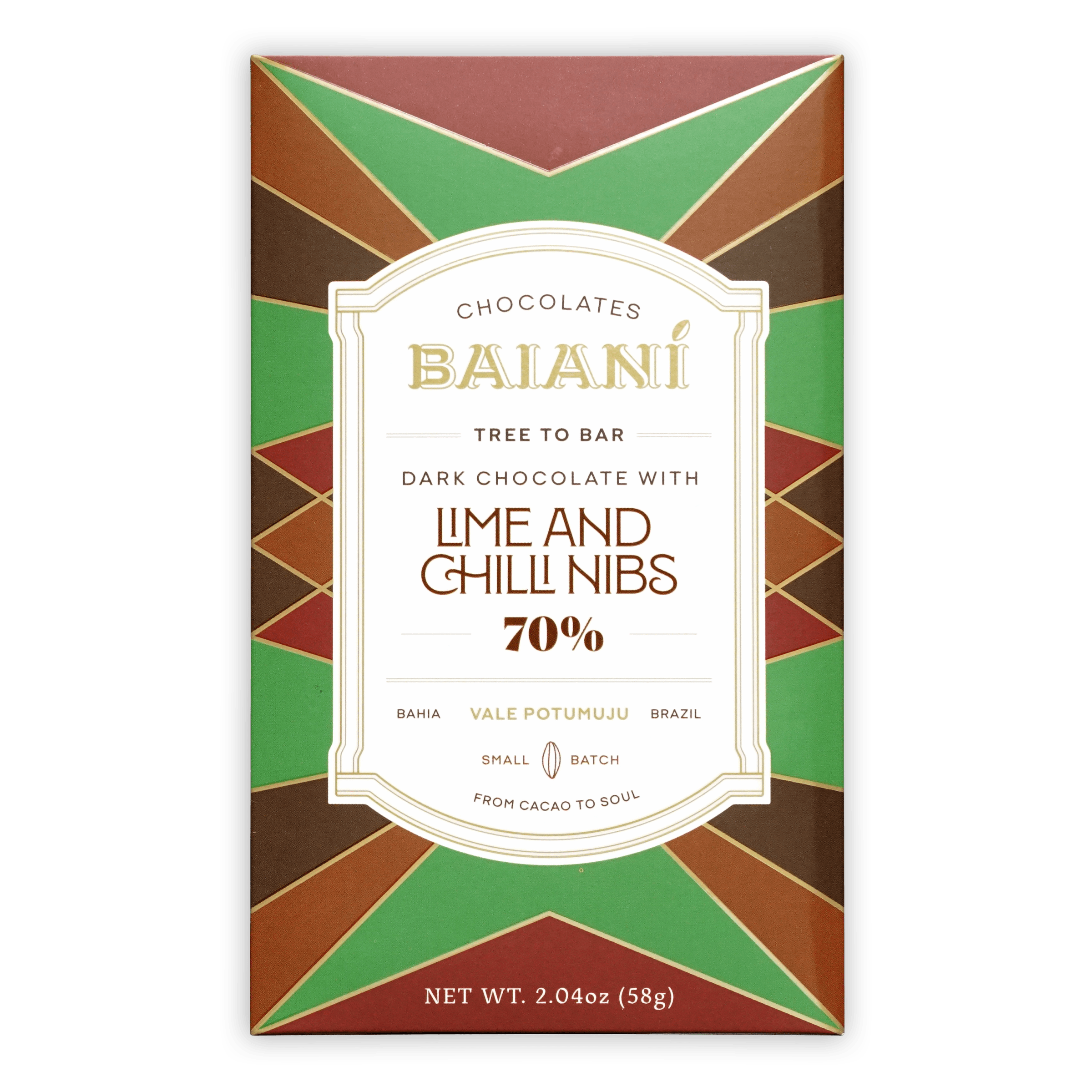 Baiani dark chocolate bar 70 percent with lime and chili nibs in a geometric green brown and red patterned box