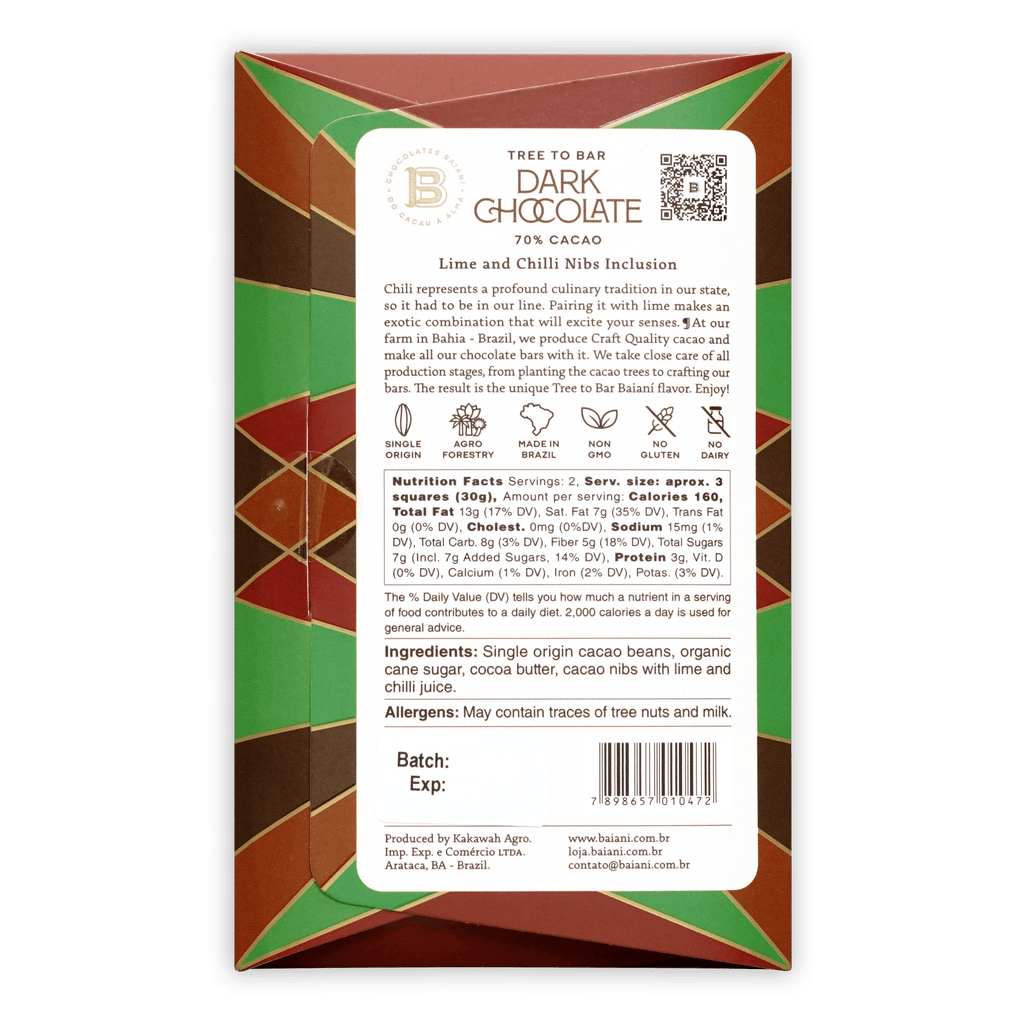 Baiani dark chocolate bar with lime and chili nibs 70 wrapped in a green brown and red geometric patterned box
