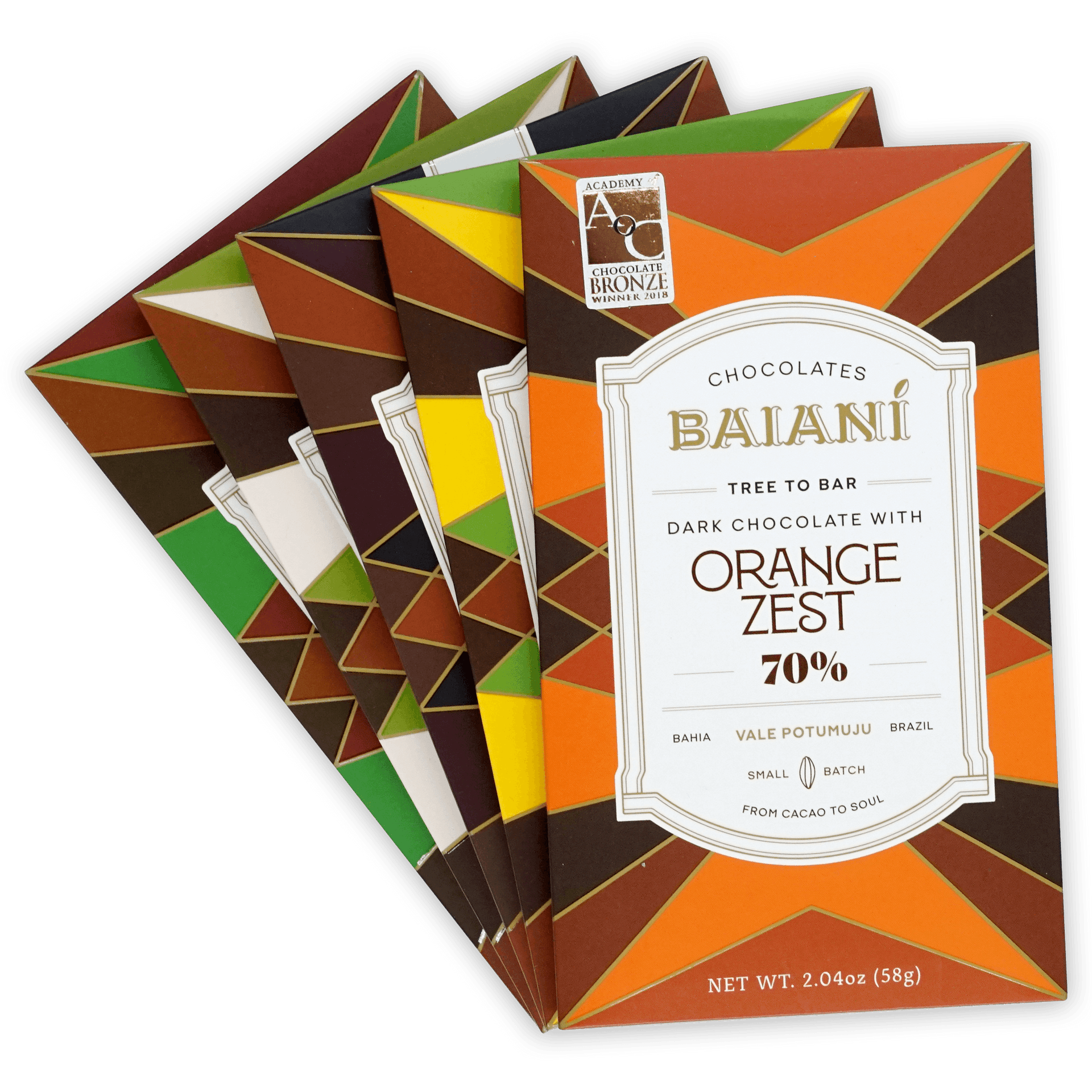 Baiani orange zest dark chocolate bar in bundle, geometric packaging