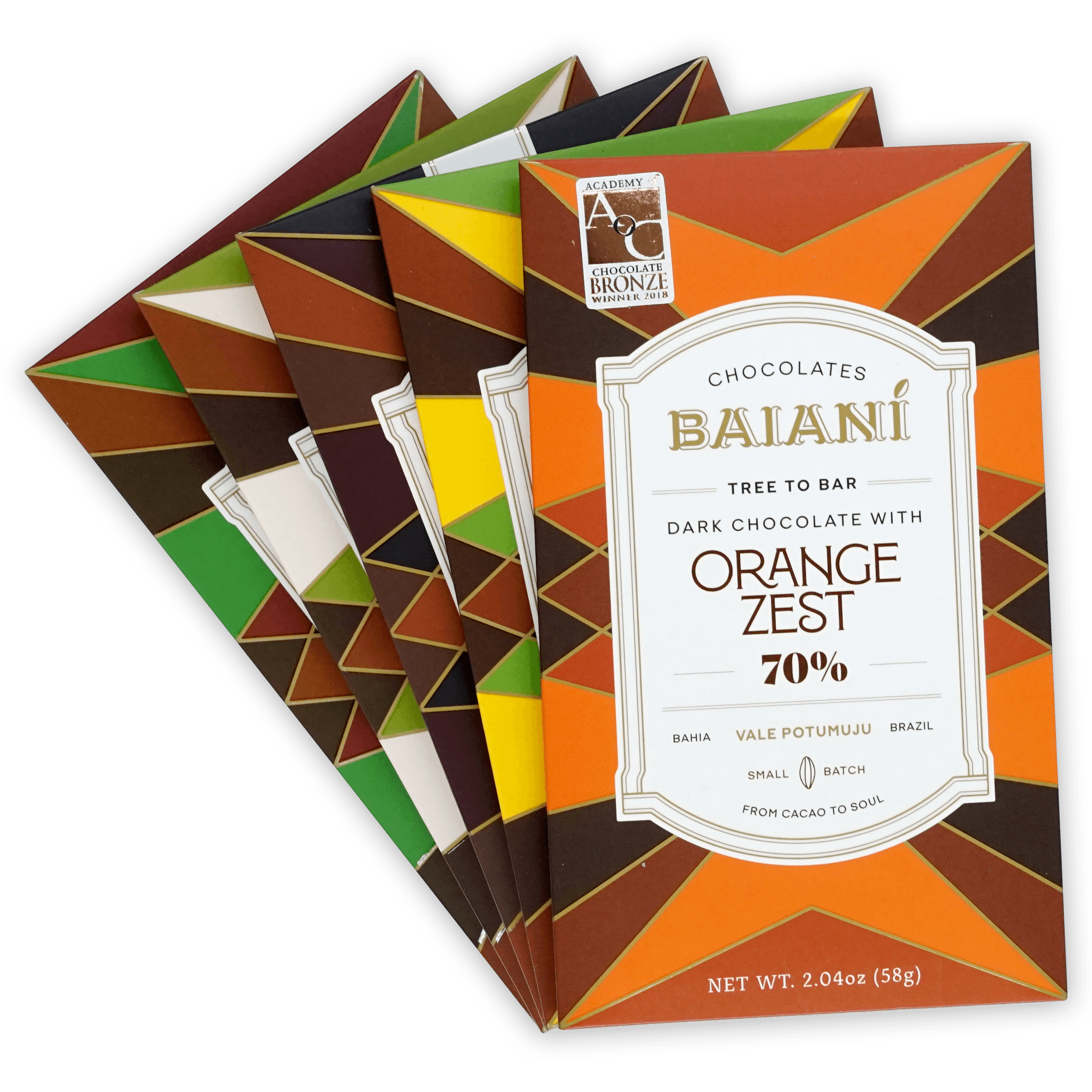 Baiani orange zest dark chocolate bar in bundle, geometric packaging