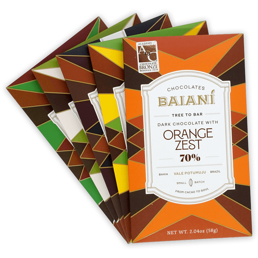 Baiani orange zest dark chocolate bar in bundle, geometric packaging