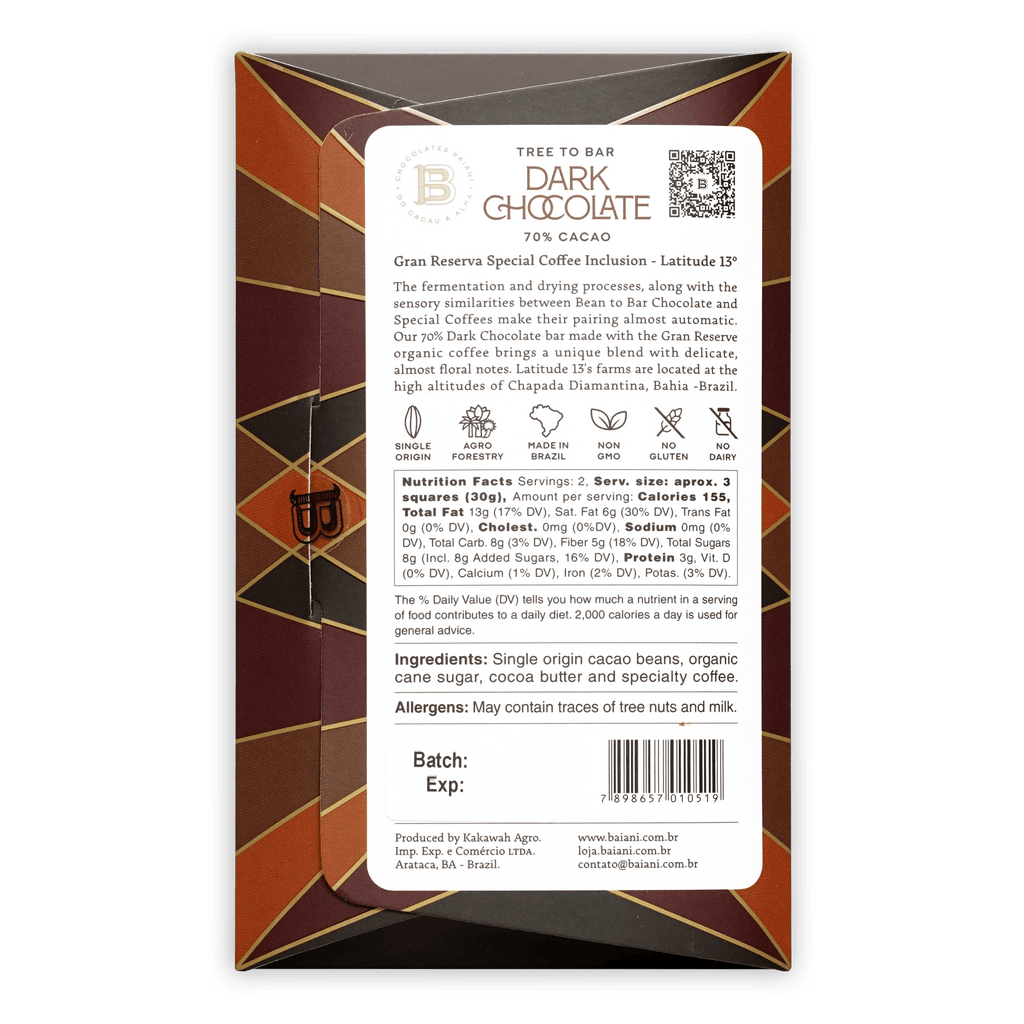 Back of Baiani 70% cacao tree to bar dark chocolate bar box in bundle