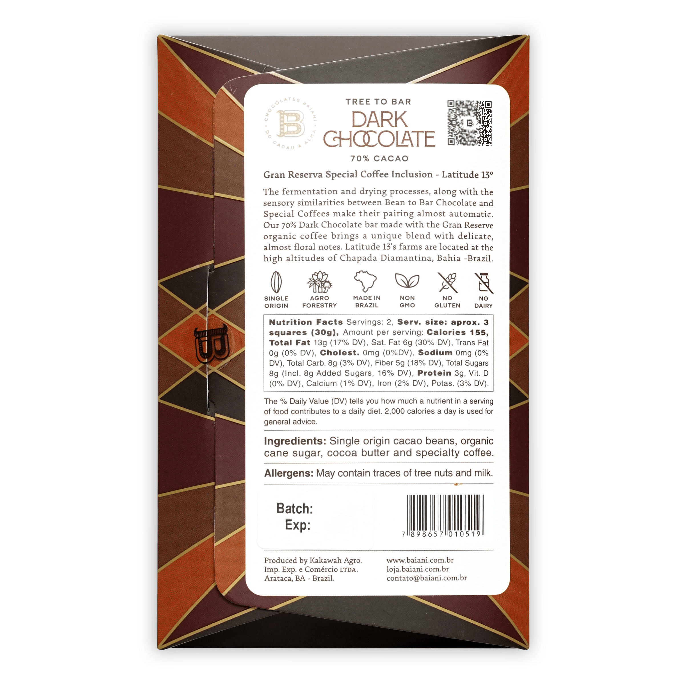 Back of Baiani 70% cacao tree to bar dark chocolate bar box in bundle