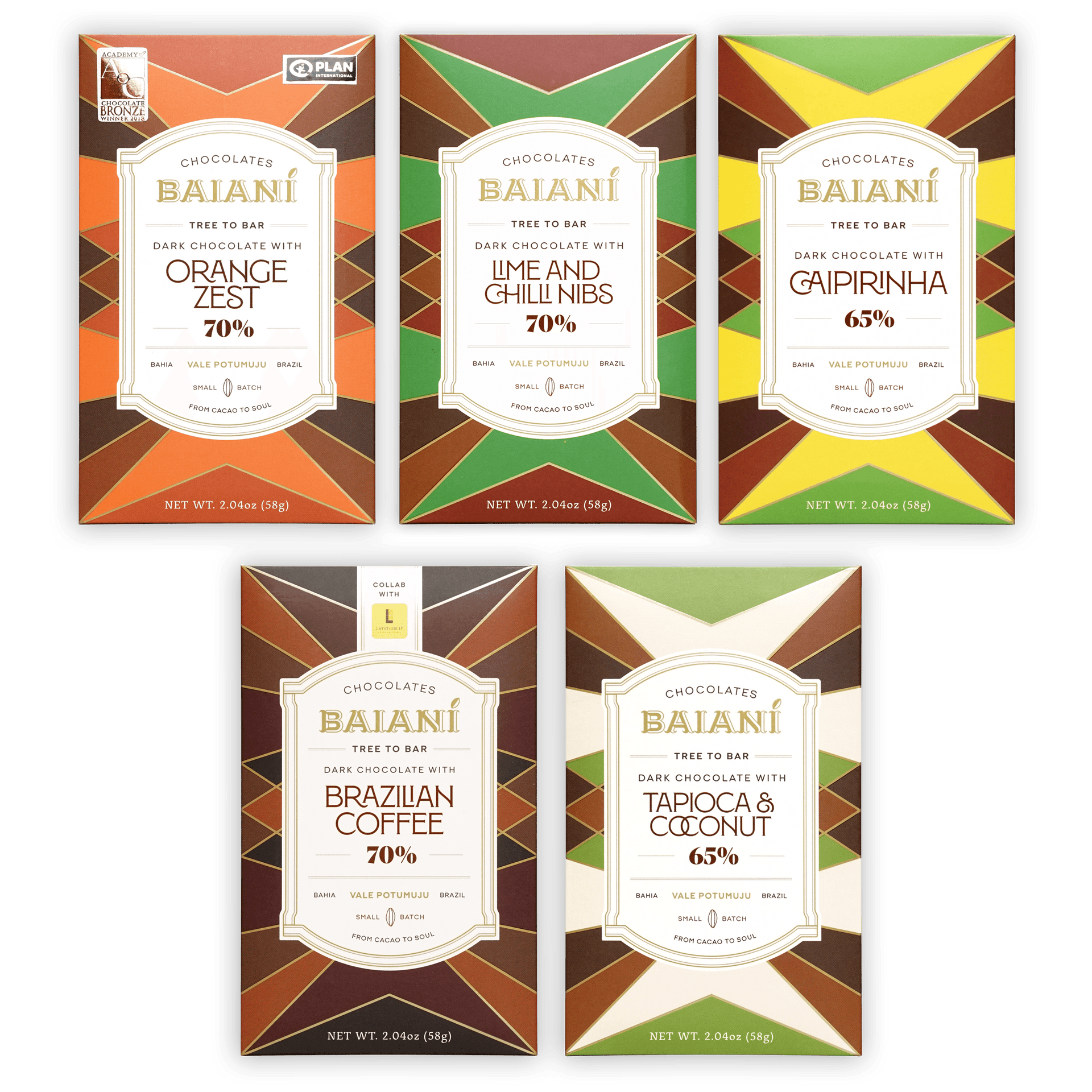Baiani Inclusion Chocolate Bundle: 5 rectangular dark chocolate bars with geometric patterned wrappers