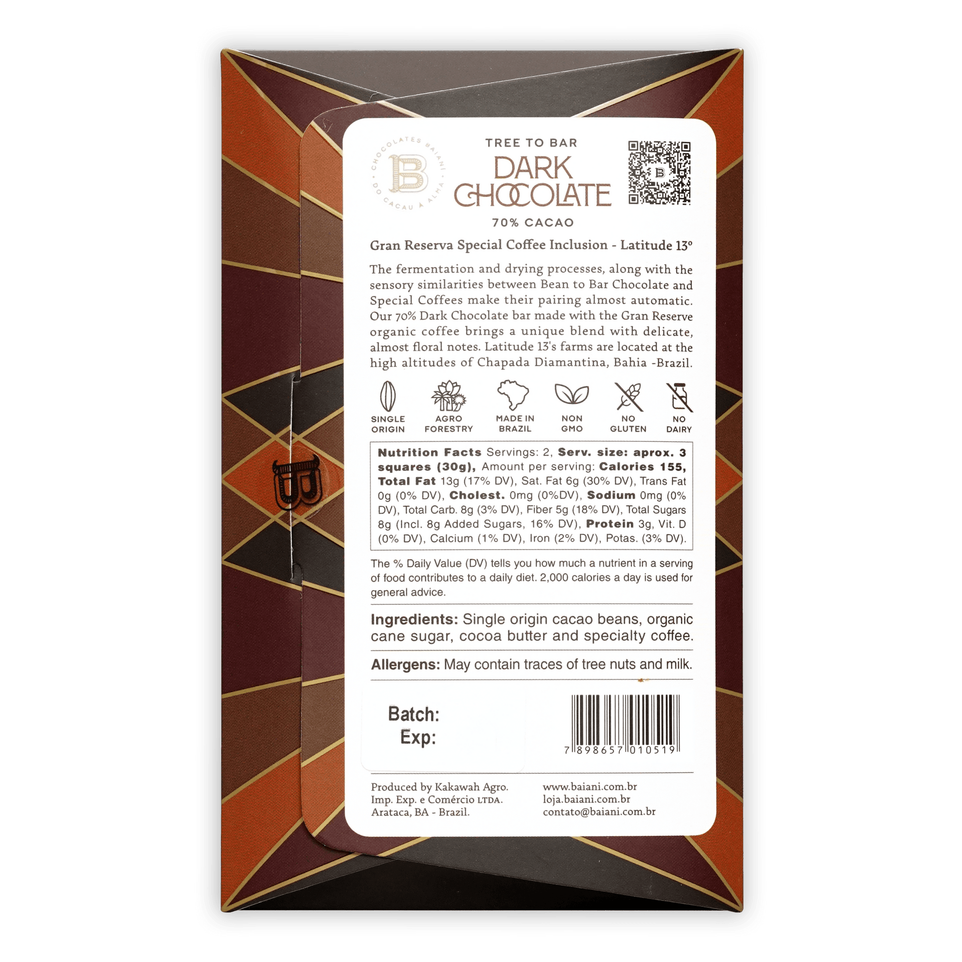 Back of Baiani 70% cacao tree to bar dark chocolate bar box in bundle