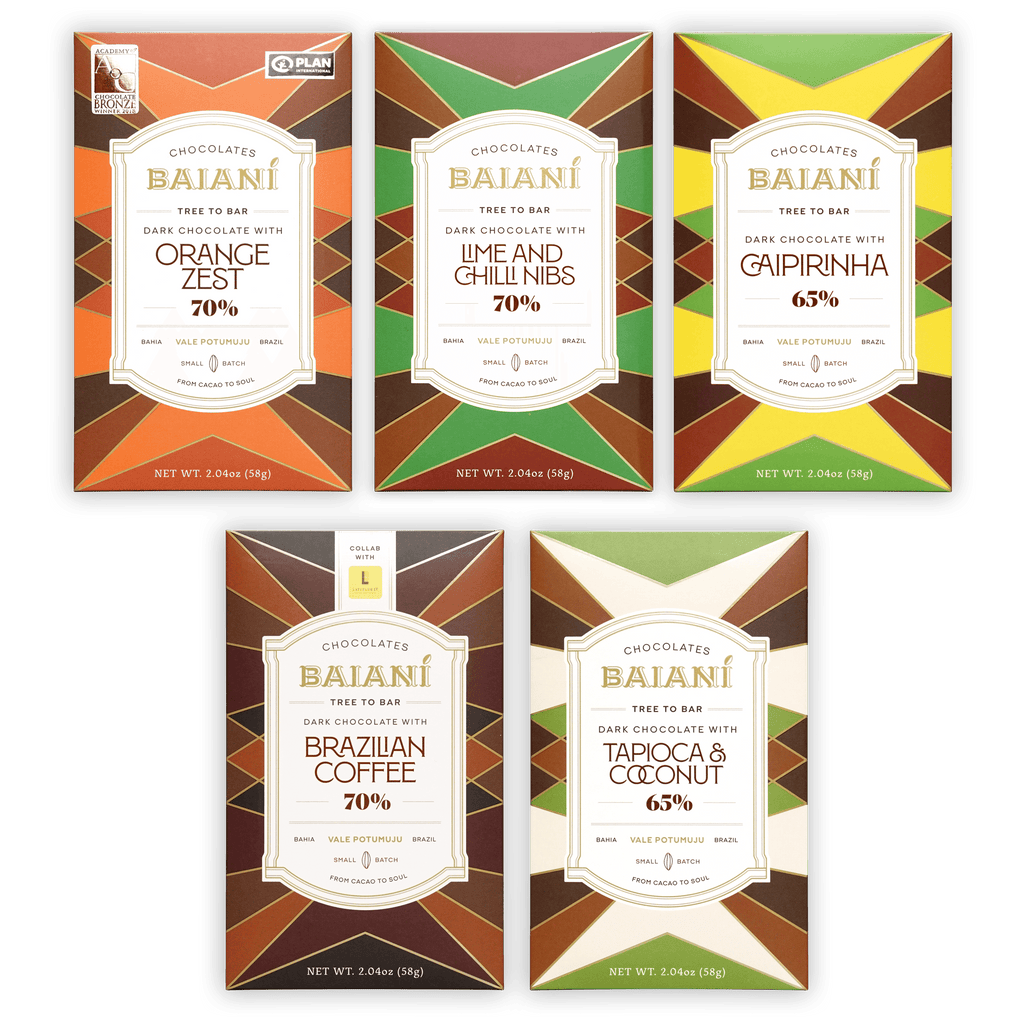 Baiani Inclusion Chocolate Bundle: 5 rectangular dark chocolate bars with geometric patterned wrappers