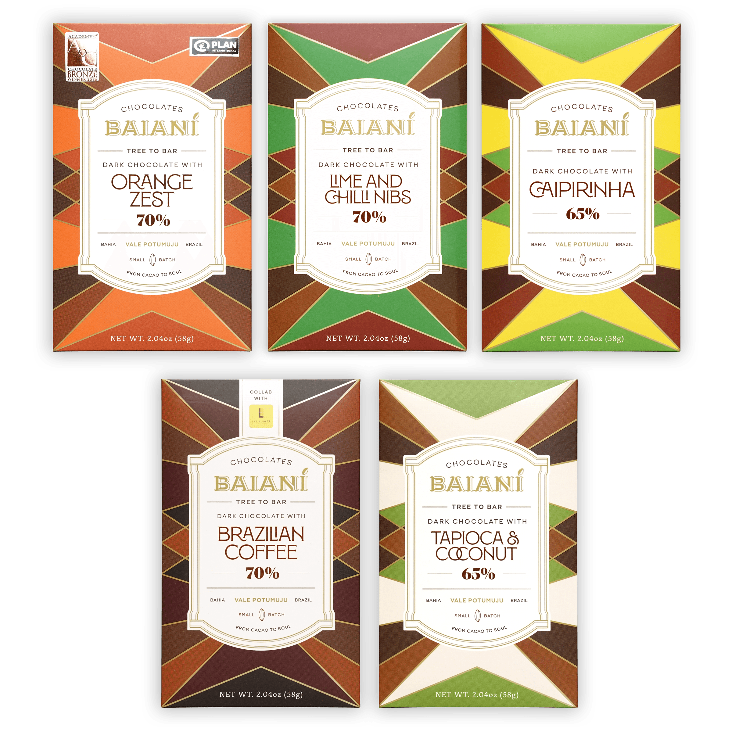 Baiani Inclusion Chocolate Bundle: 5 rectangular dark chocolate bars with geometric patterned wrappers