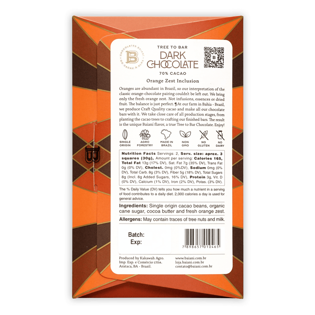 Baiani Dark Chocolate with Orange Zest 70% wrapper