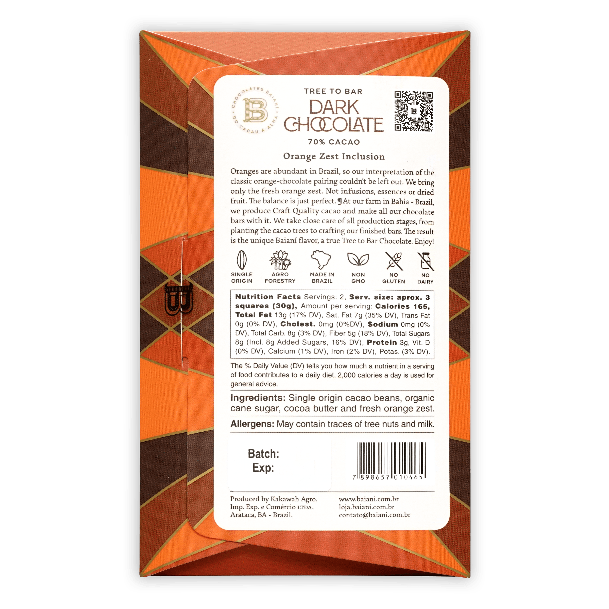 Baiani Dark Chocolate with Orange Zest 70% wrapper
