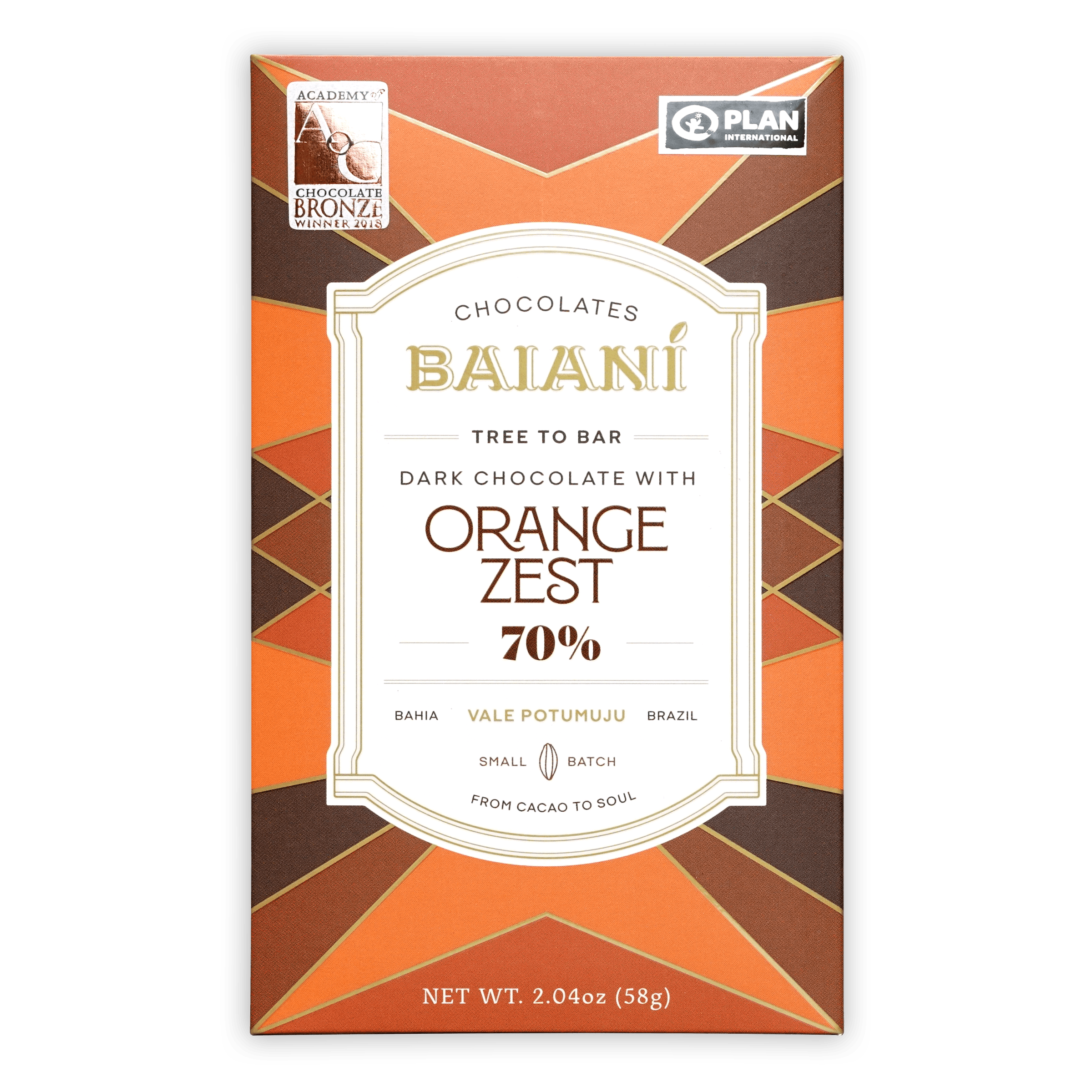Baiani dark chocolate bar with orange zest, 70% cacao