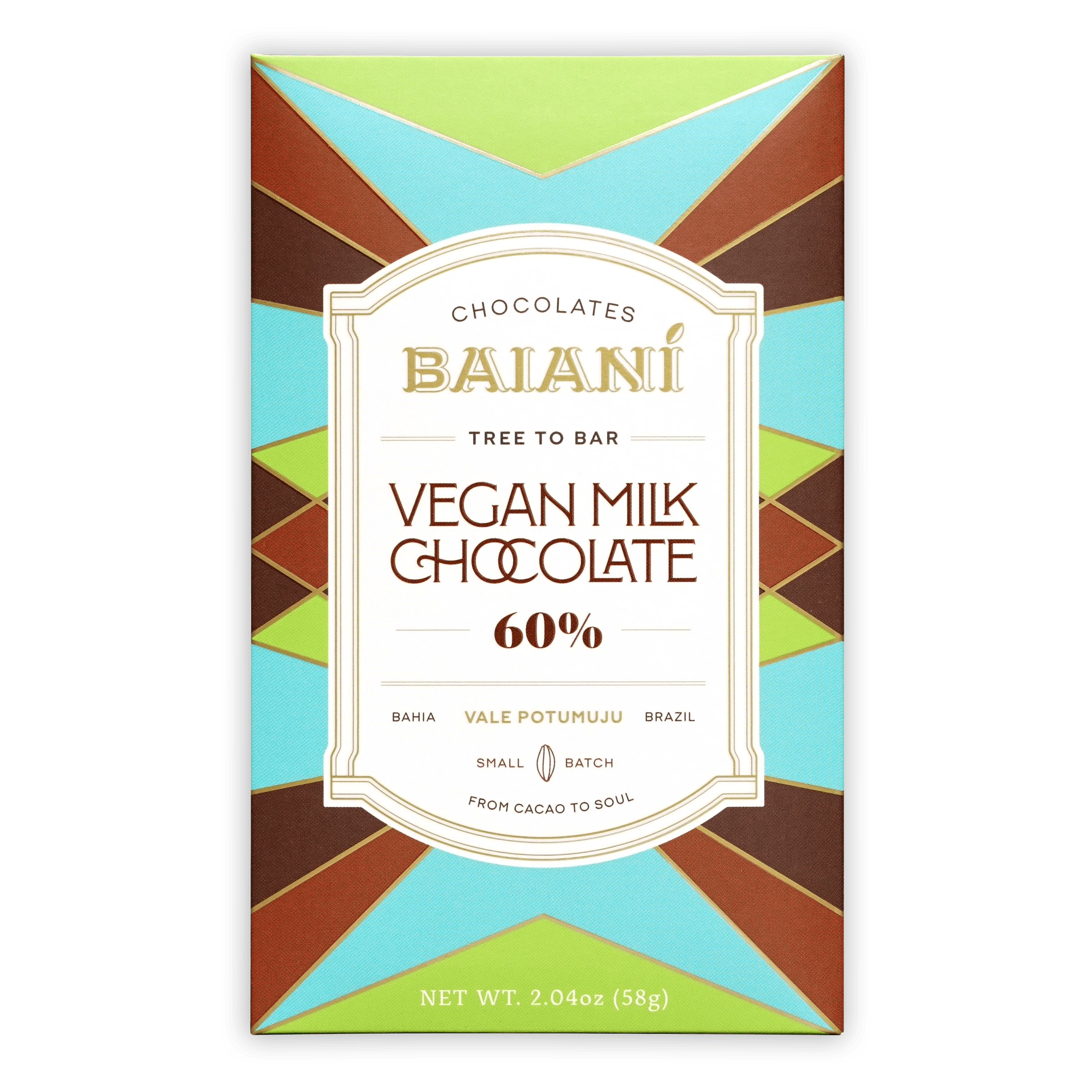 Baiani Vegan Milk Chocolate 60% bar wrapper with tree to bar label