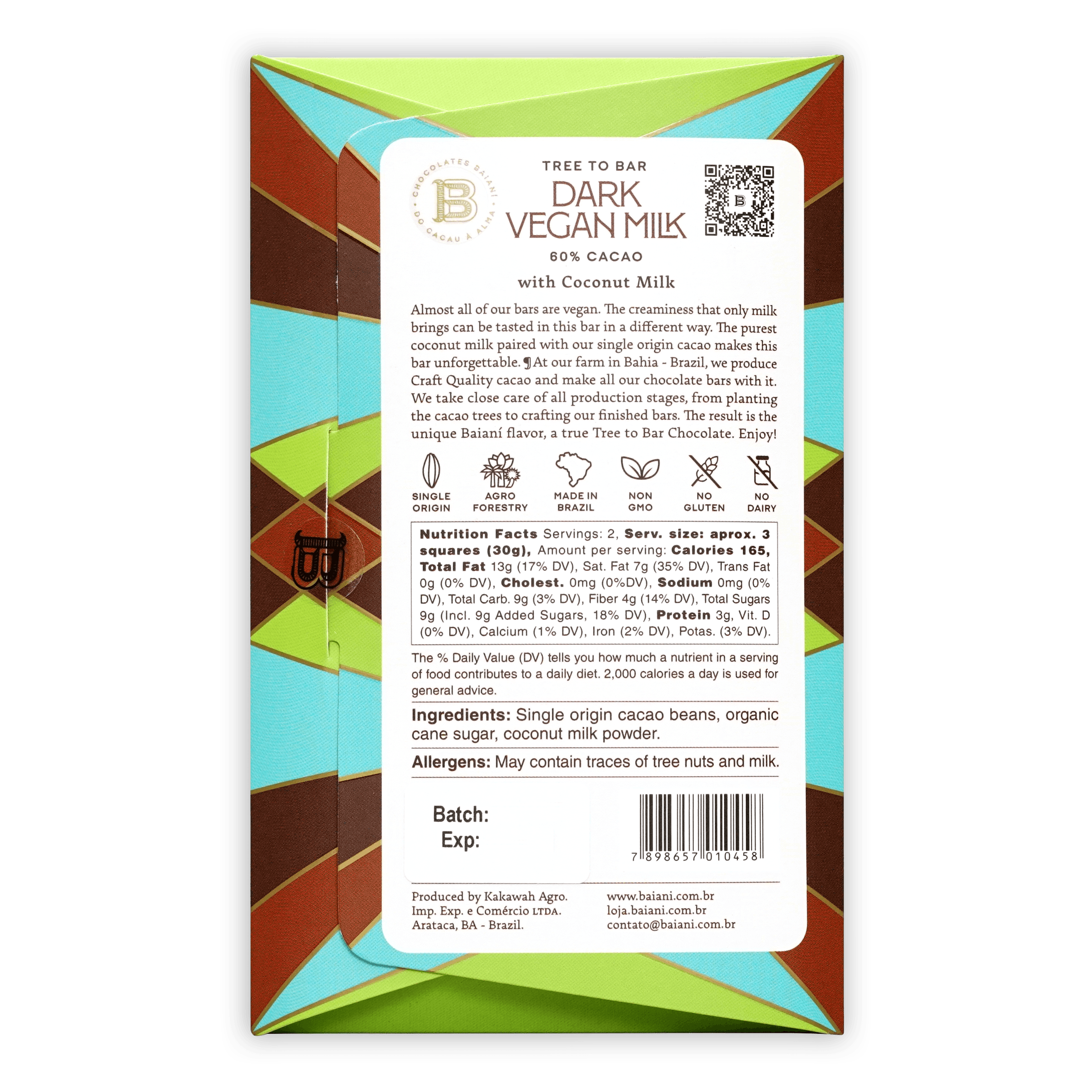 Baiani Vegan Milk Chocolate 60% tree-to-bar 80% cacao bar in colorful wrapper