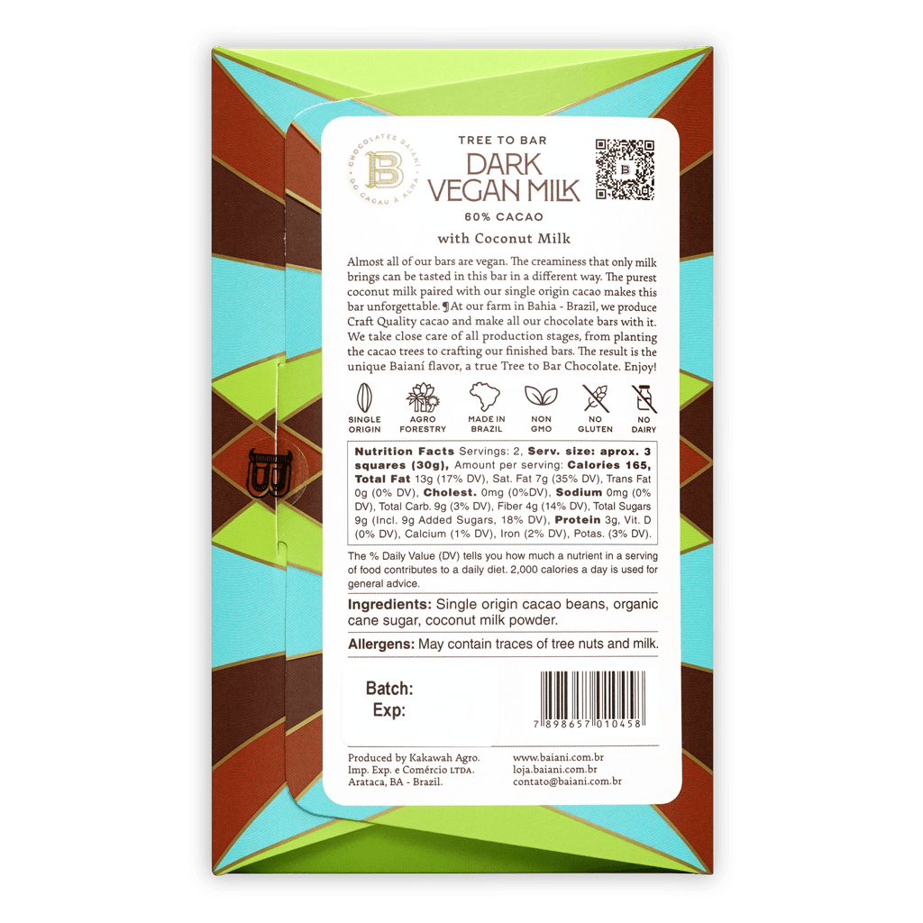 Baiani Vegan Milk Chocolate 60% tree-to-bar 80% cacao bar in colorful wrapper