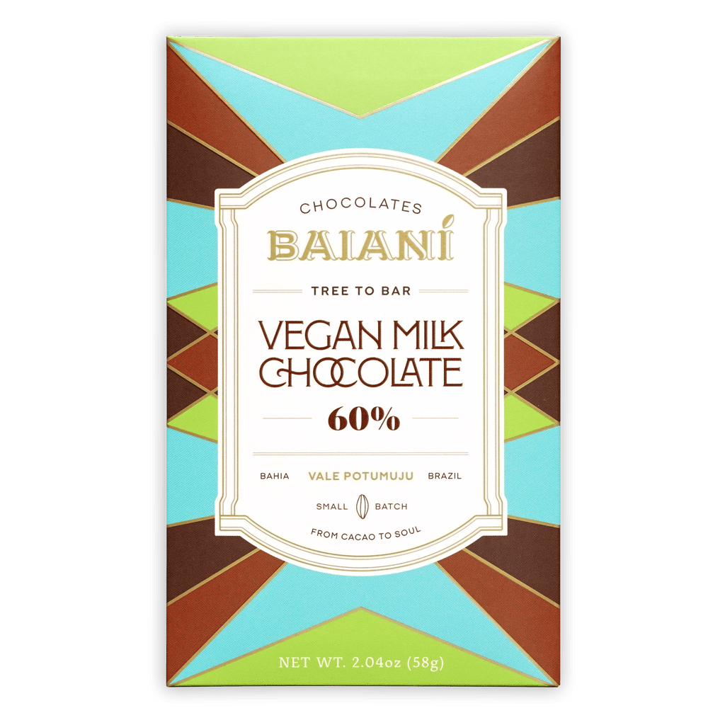 Baiani Vegan Milk Chocolate 60% bar wrapper with tree to bar label