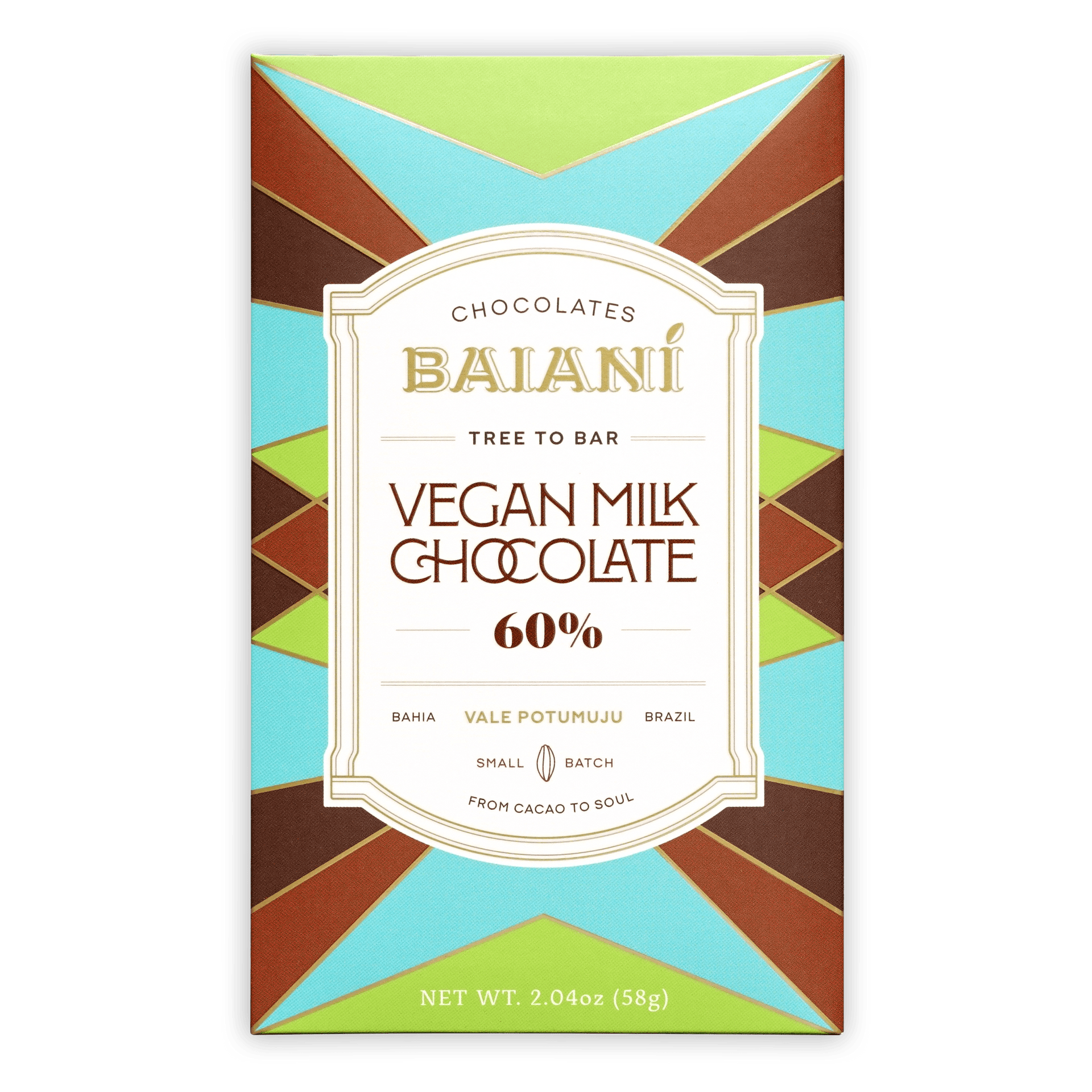 Baiani Vegan Milk Chocolate 60% bar wrapper with tree to bar label